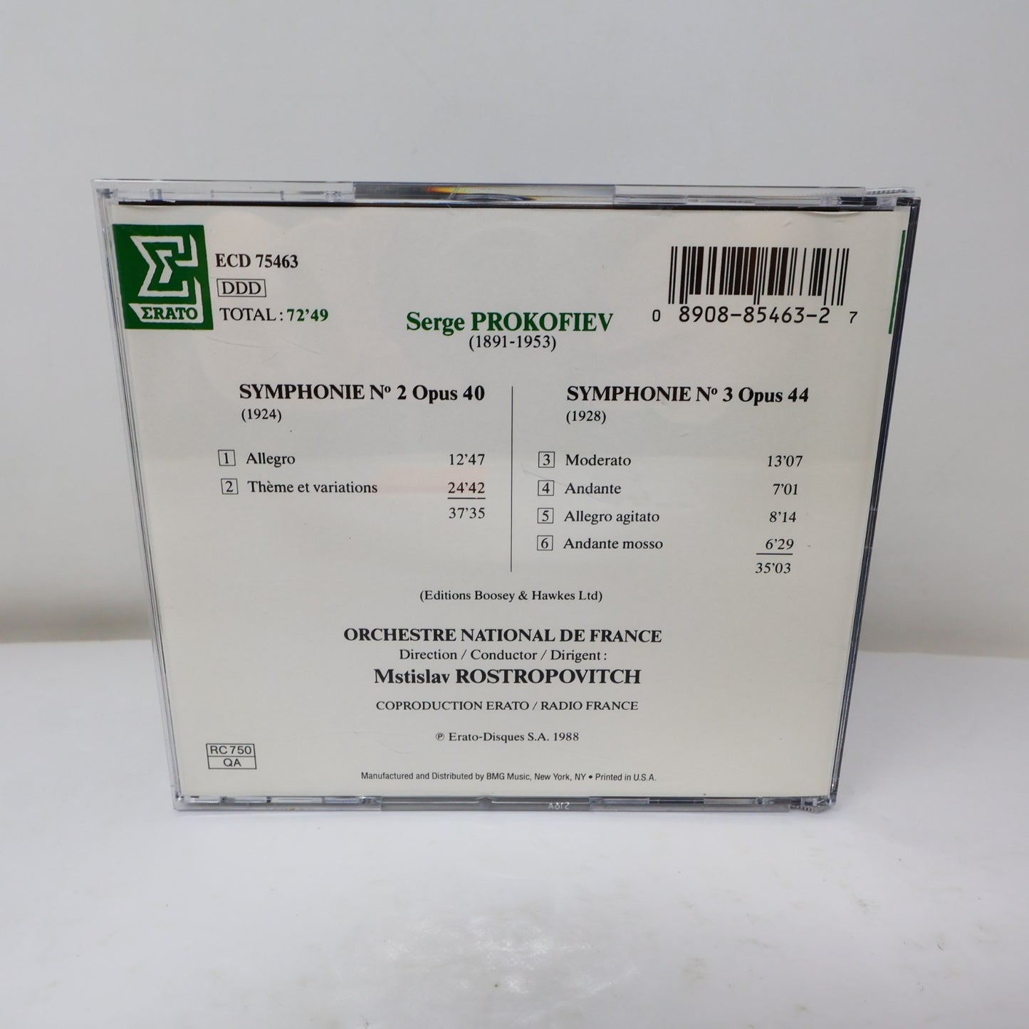 Prokofiev Symphonies N° 2 Op. 40 - N° 3 Op. 44 CD Mstislav Rostropovich Erato