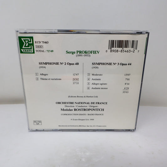 Prokofiev Symphonies N° 2 Op. 40 - N° 3 Op. 44 CD Mstislav Rostropovich Erato