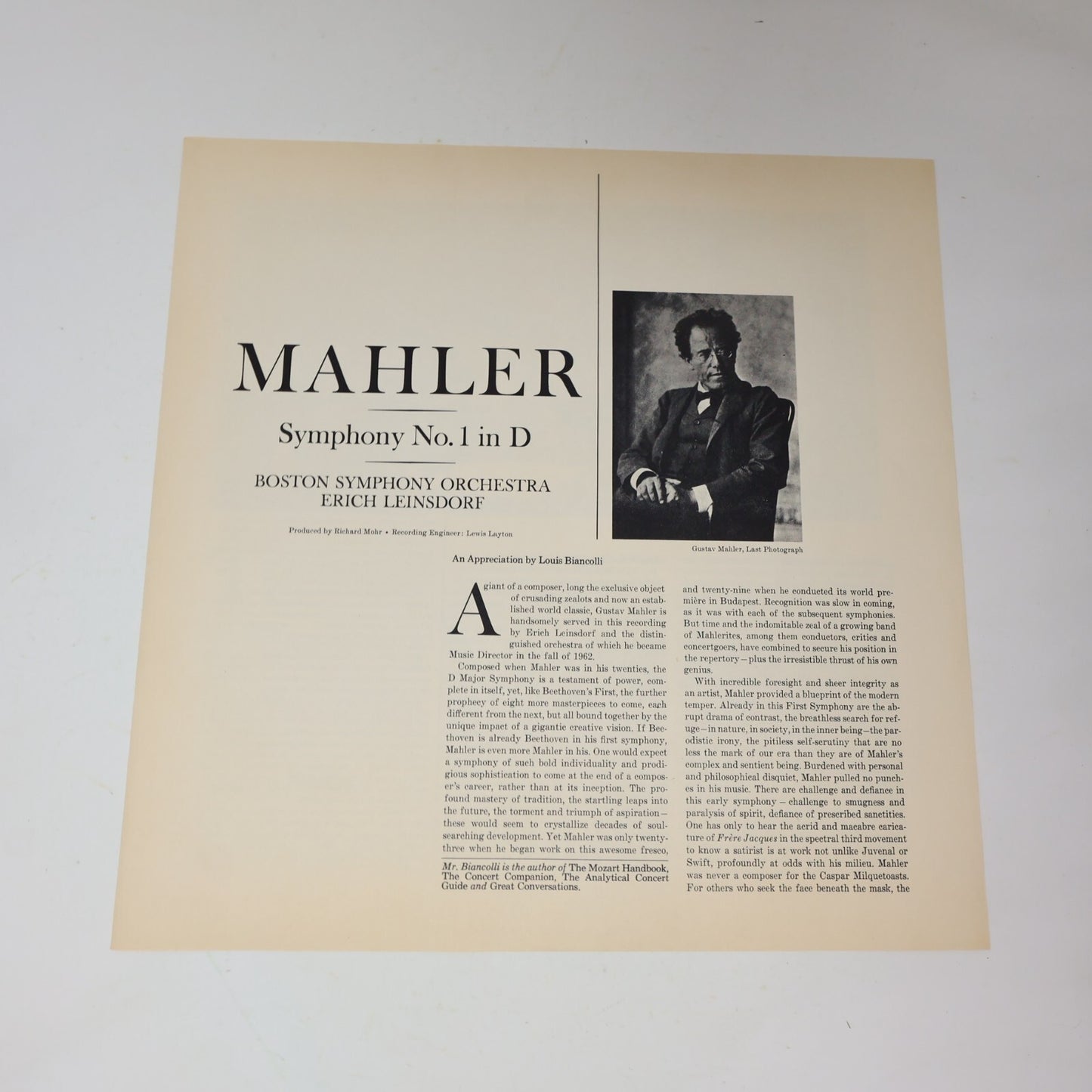 Mahler Boston Symphony Orchestra Erich Leinsdorf Symphony 1 Record LM-2642 Mono
