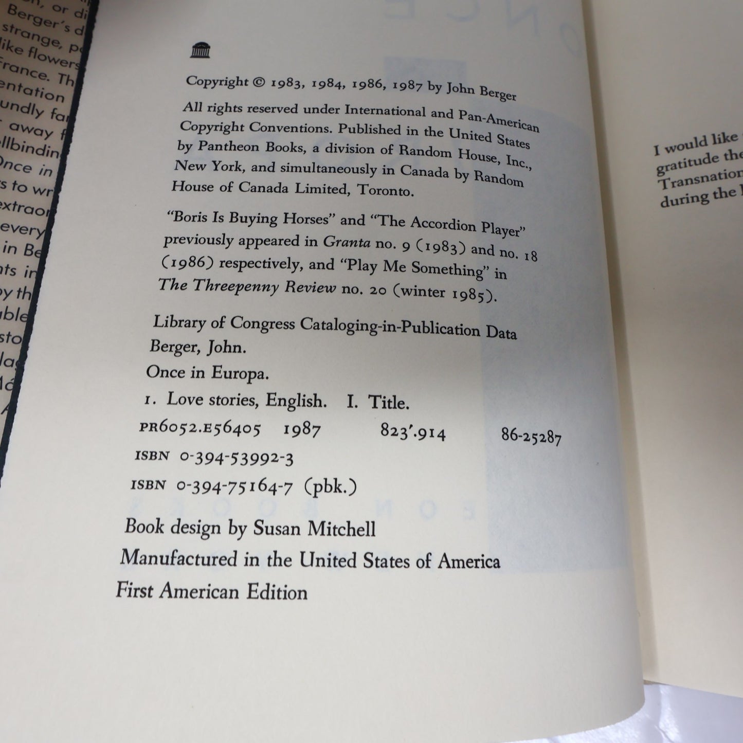 Once in Europa John Berger 1987 HC Litterature 1st Edition Hardcover Book 80s DJ