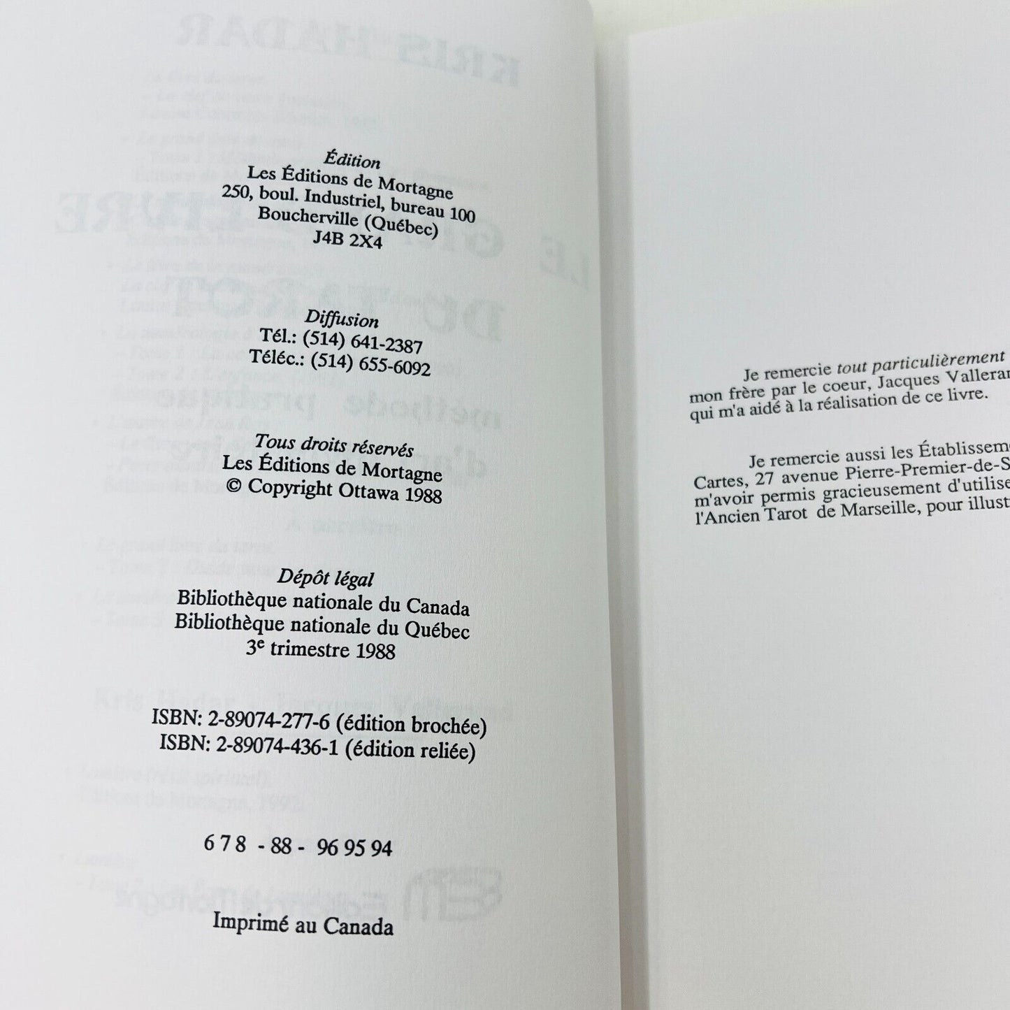 1988 Le Grand Livre du Tarot de Kris Hadar Méthode Art Divinatoire en Français