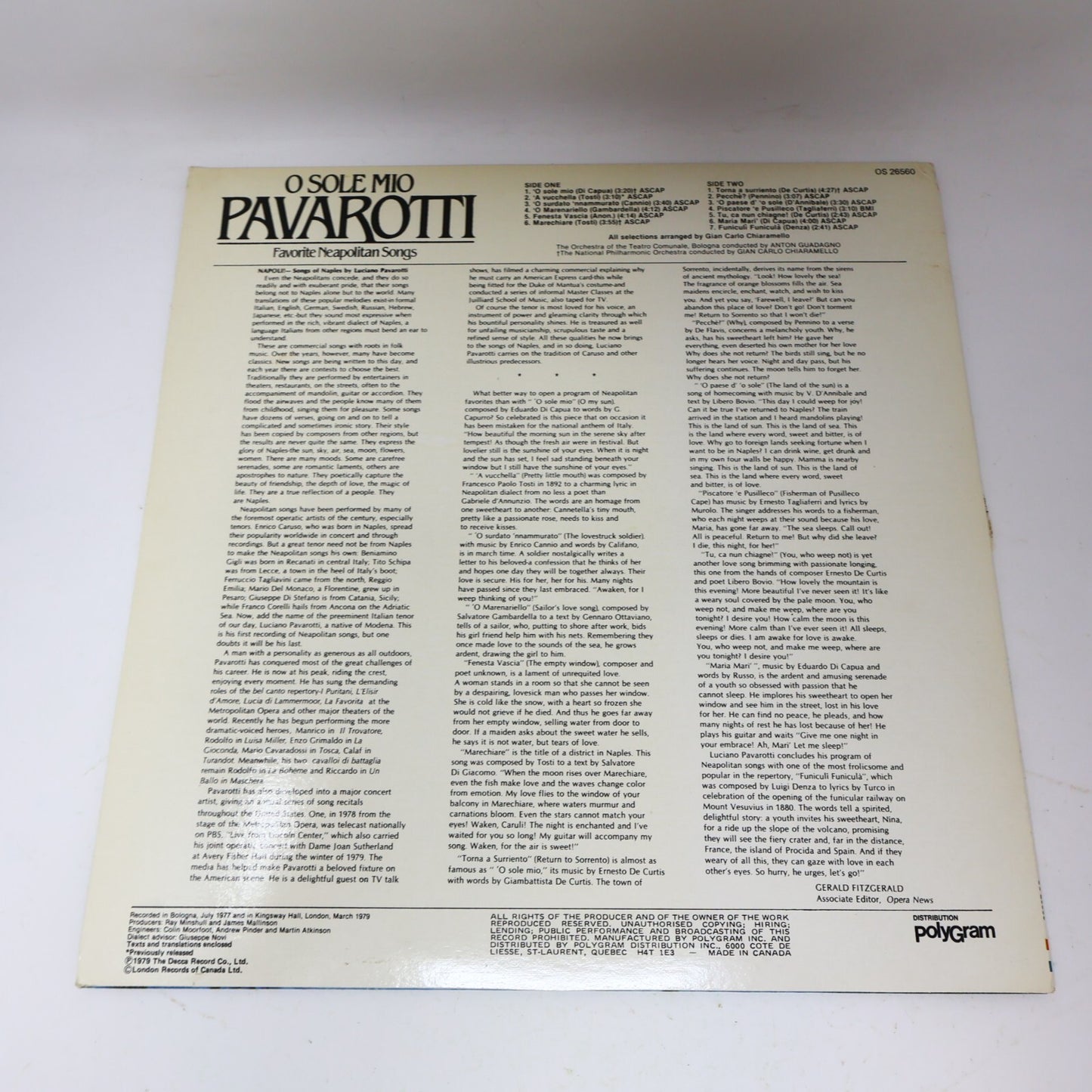 Luciano Pavarotti O Sole Mio Favorite Neapolitan Songs LP Record Vinyl OS 26560