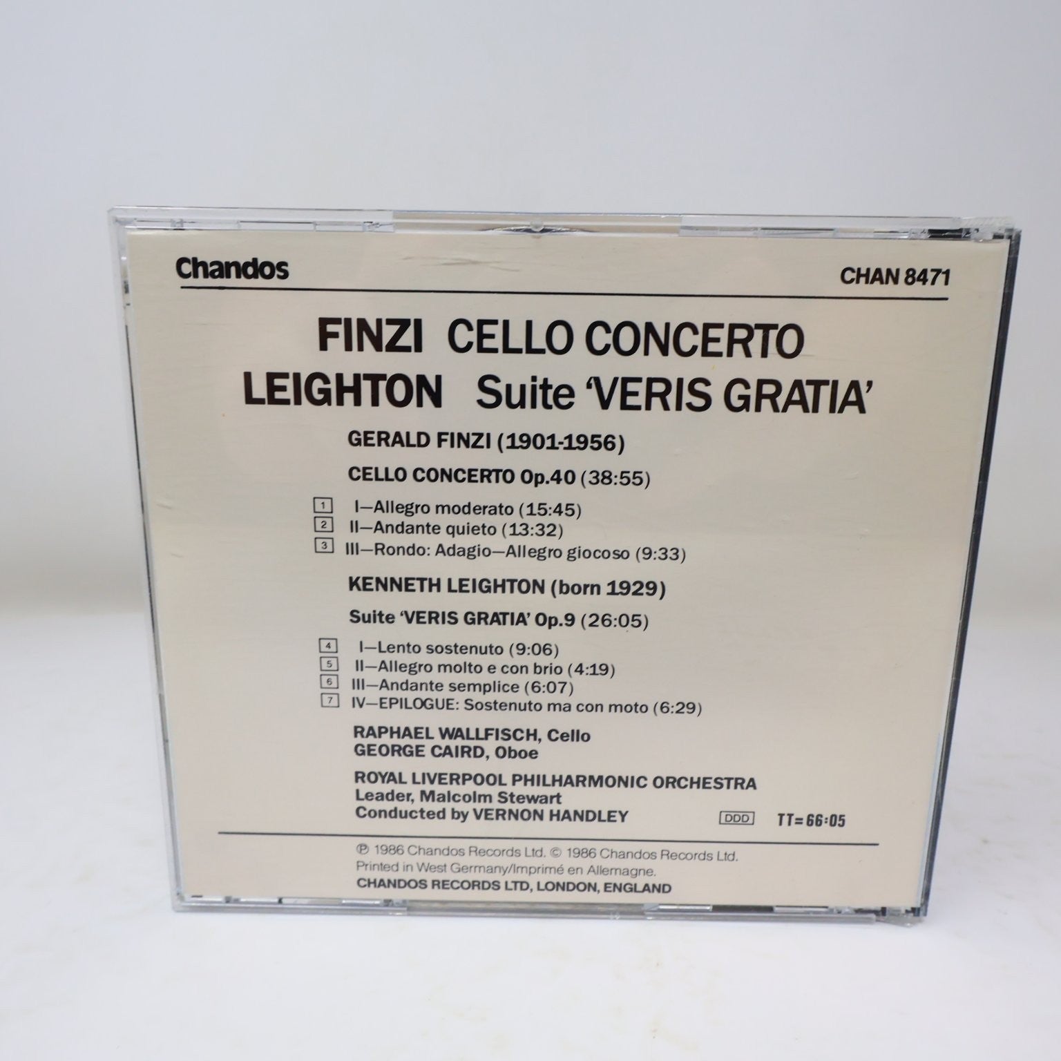 Finzi Cello Concerto Leighton Veris Gratia CD 1986 Classical Chandos Wallfisch