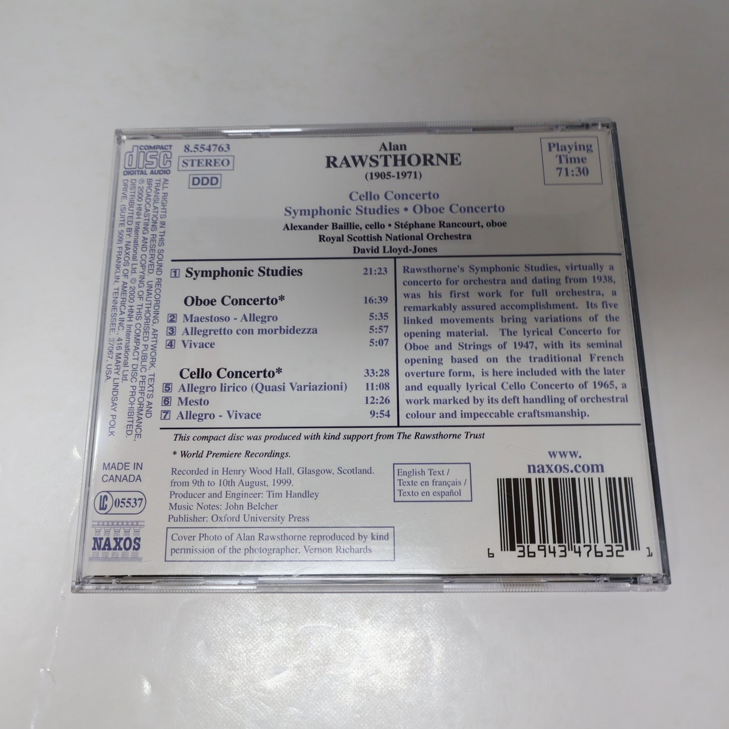 Rawsthorne Cello Concerto/Oboe Concerto/Symphonic Studies CD David Lloyd-Jones