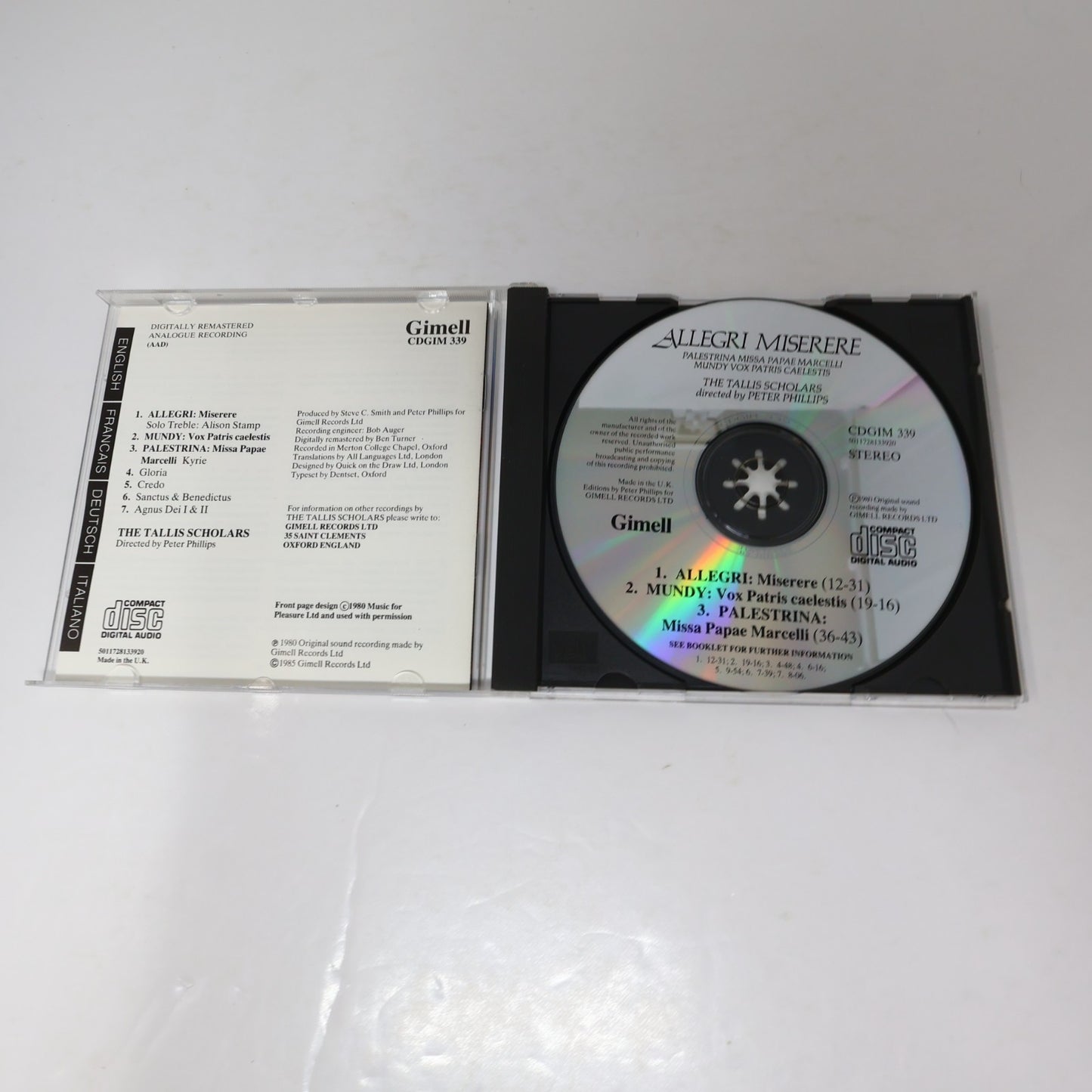 Allegri Miserere CD William Mundy/Palestrina/The Tallis Scholars/Peter Phillips