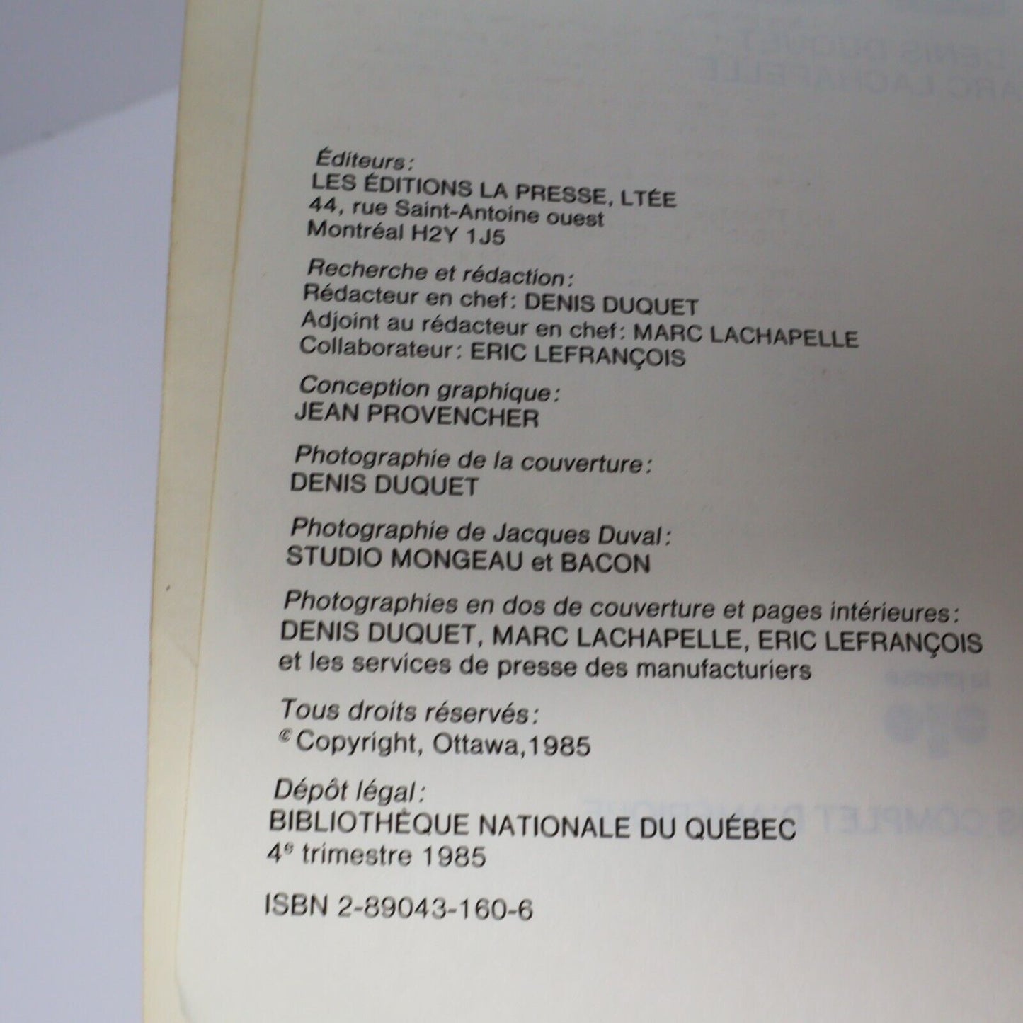 1985 Le Guide de l'Auto 86 1986 Duquet/Lachapelle/Duval Transports La Presse PB