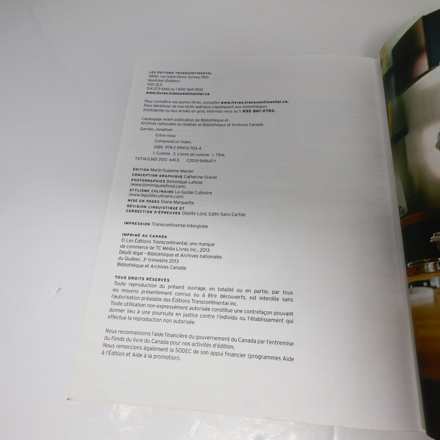 Entre Nous Jonathan Garnier 2013 SIGNÉ Livre Cuisine Recettes Français Cookbook
