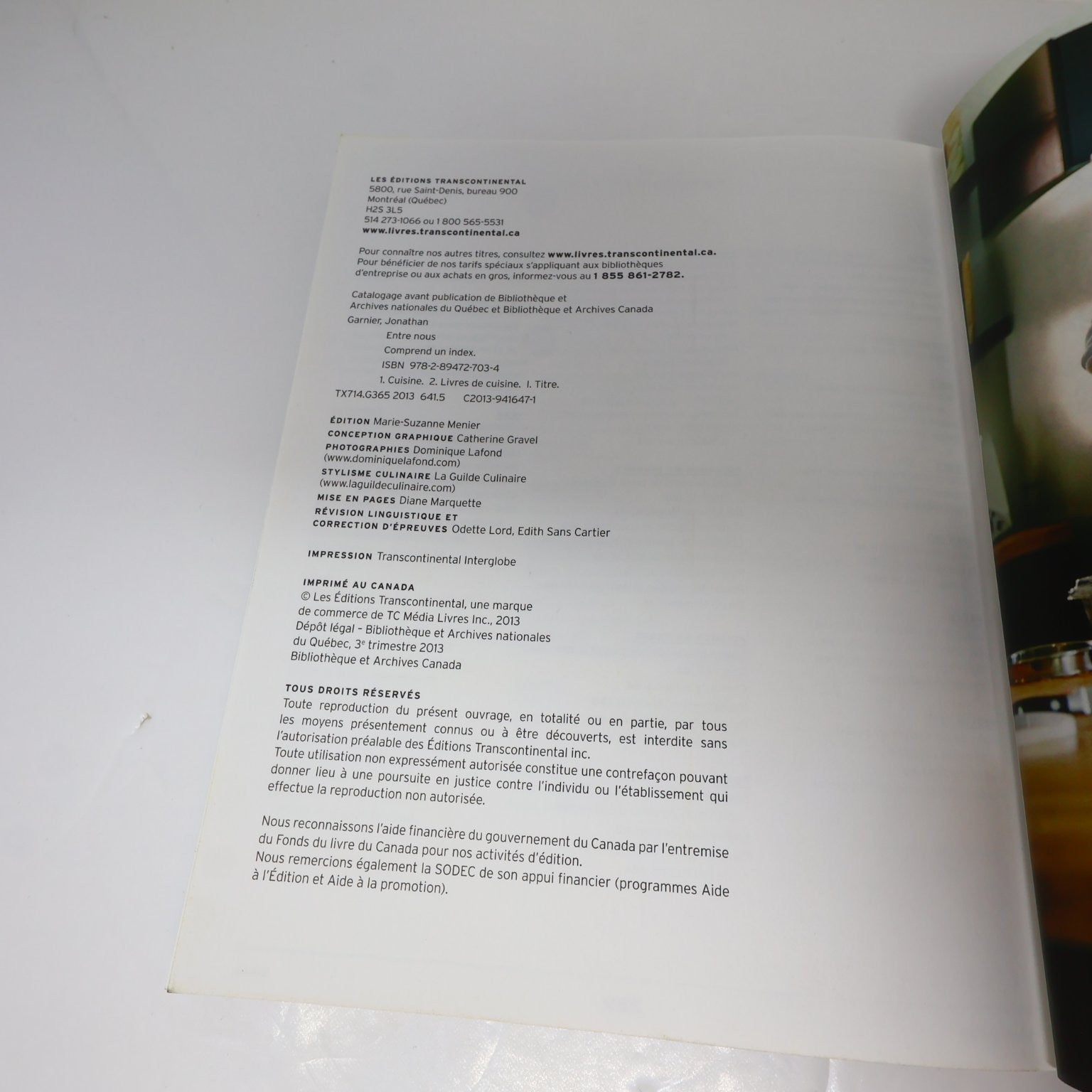Entre Nous Jonathan Garnier 2013 SIGNÉ Livre Cuisine Recettes Français Cookbook