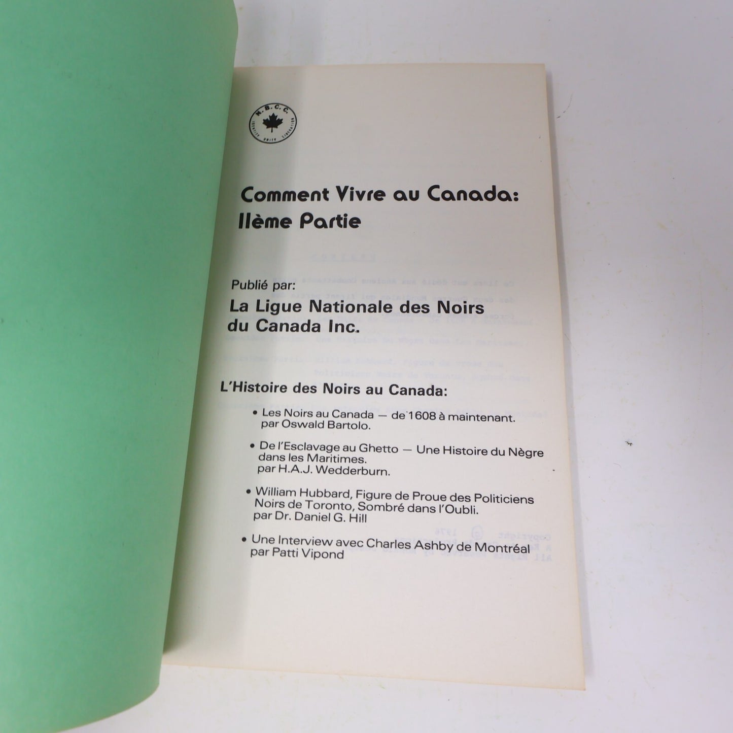 1976 L'Histoire des Noirs au Canada Comment Vivre au Canada #2 Politique Livre