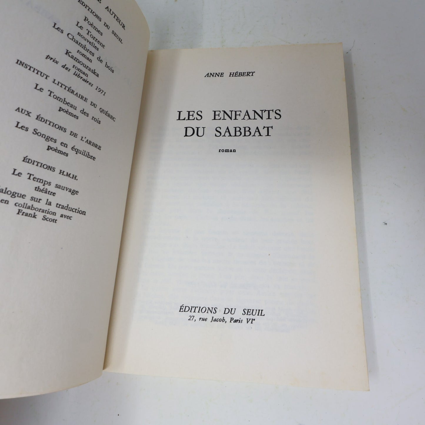 Anne Hébert Lot 2 Livres Kamouraska/Les Enfants du Sabbat Littérature Québécoise