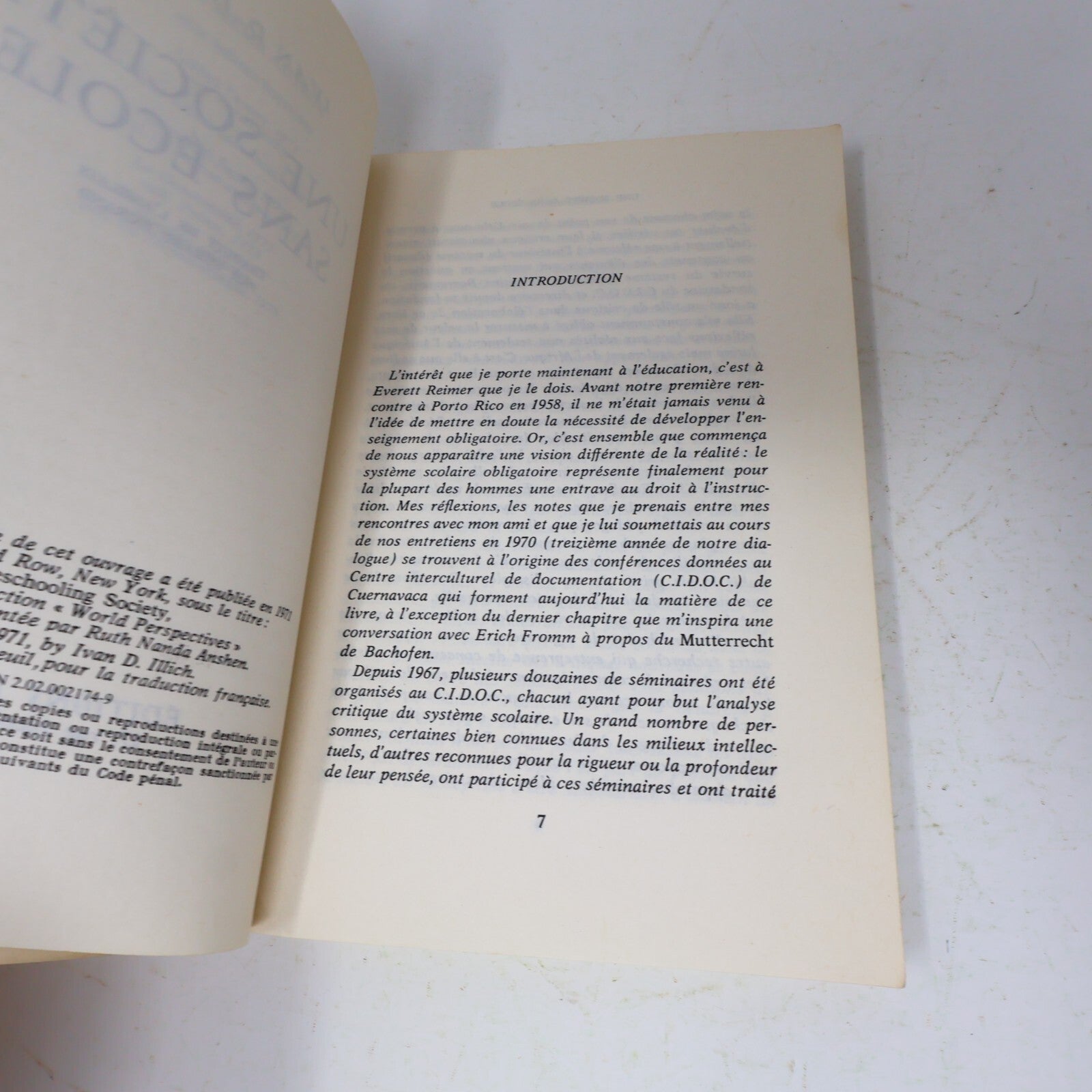 1971 Une Société Sans École Ivan Illich Seuil Éducation Philosophie Français 70s