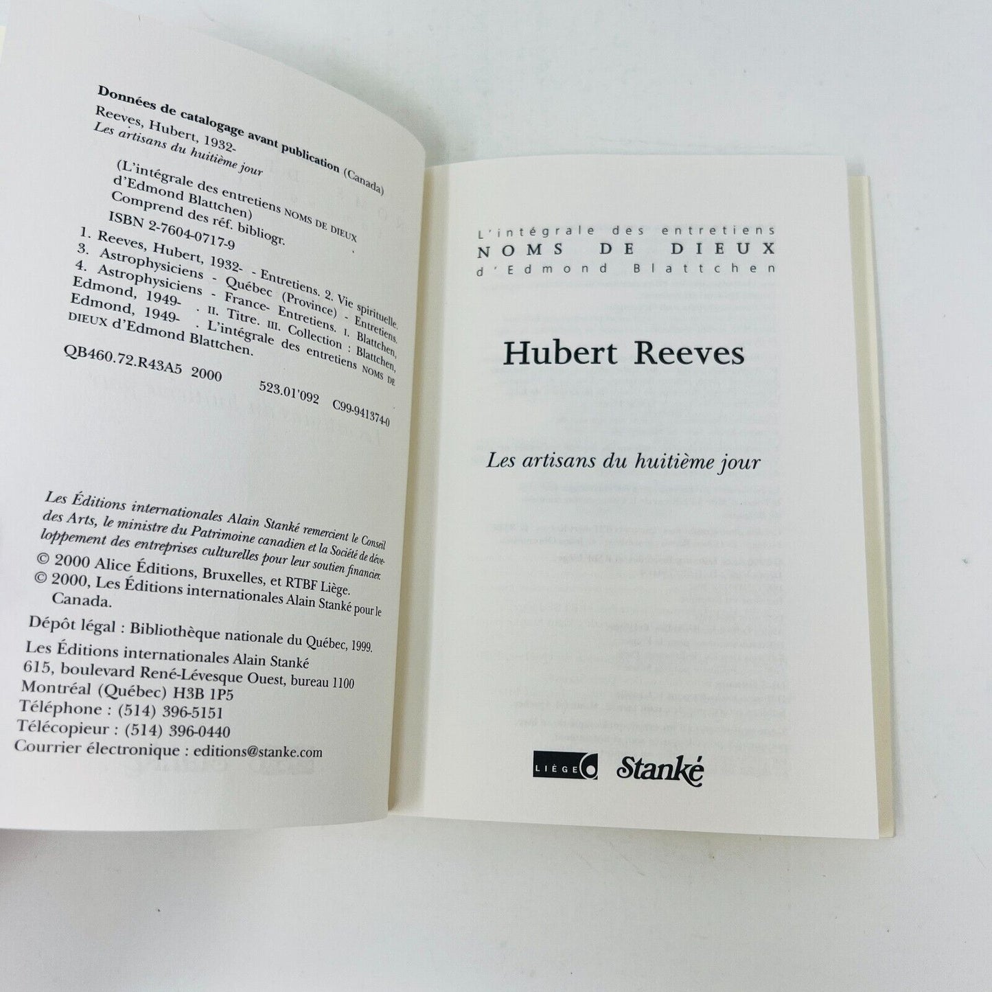 Hubert Reeves Les Artisans du Huitième Jour Stanké Noms de Dieux Blattchen 2000