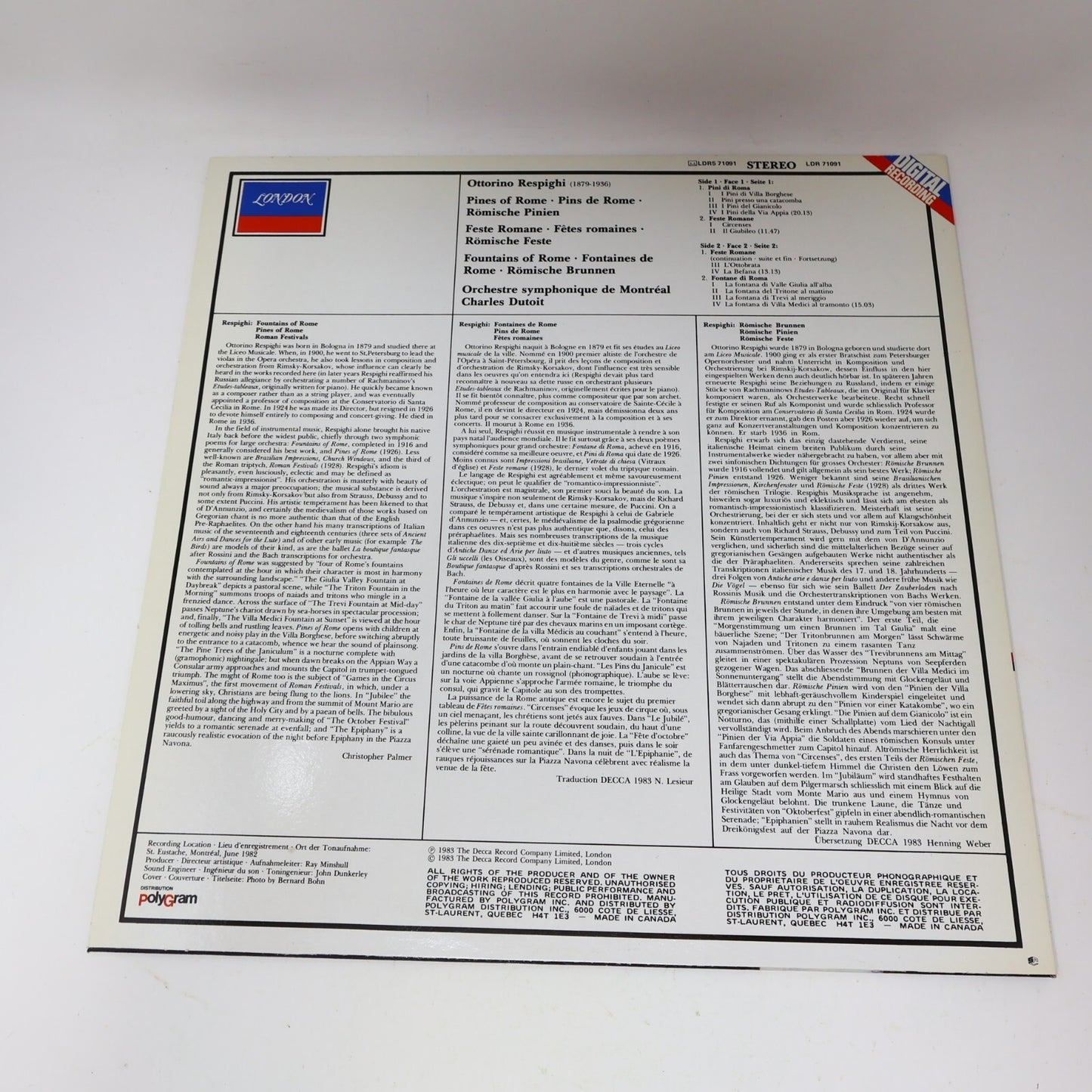 Respighi OSM Charles Dutoit Pines/Fountains of Rome LP Record Vinyl LDR 71091
