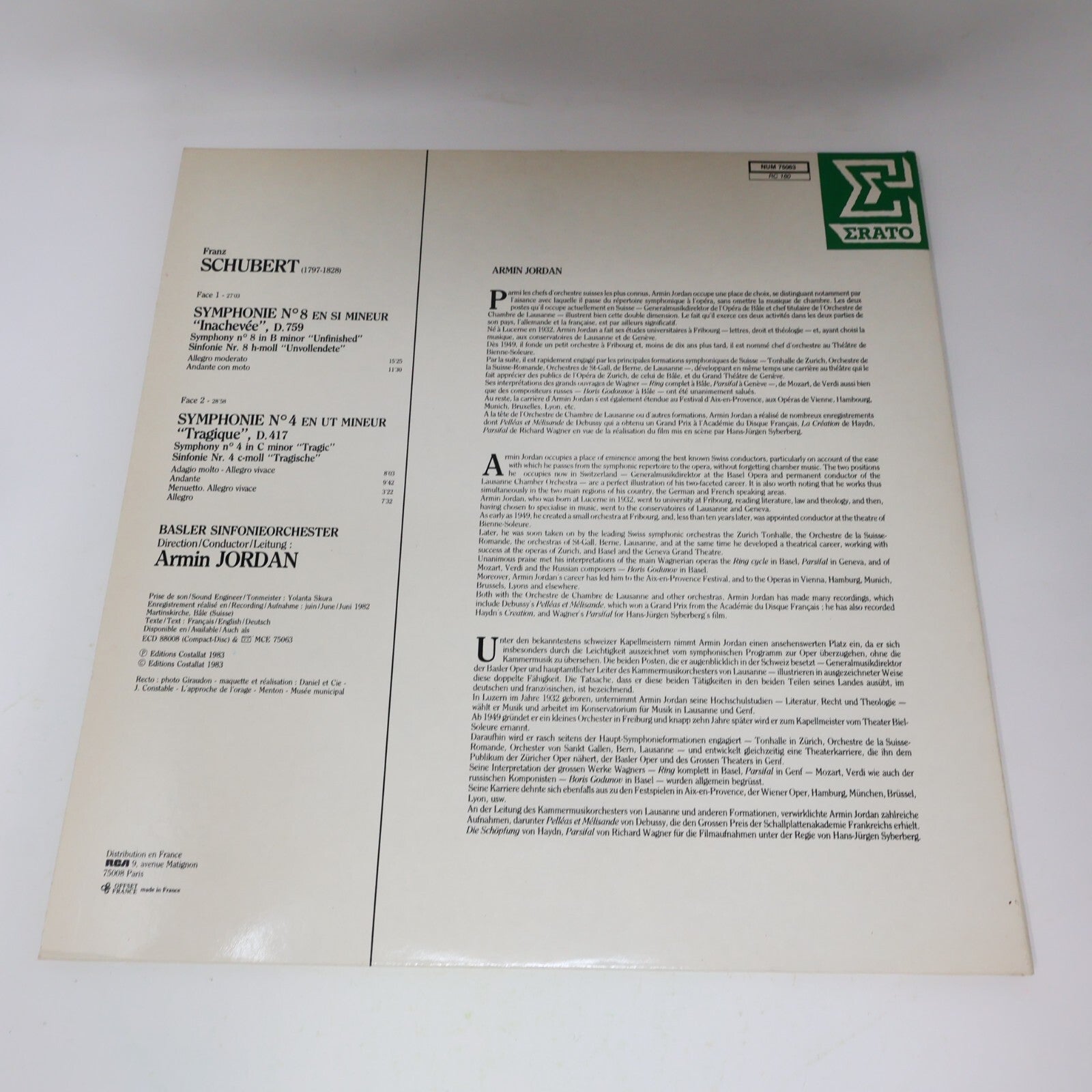 Schubert Basler Sinfonieorchester Armin Jordan Symphonie #8 4 Record NUM 75063