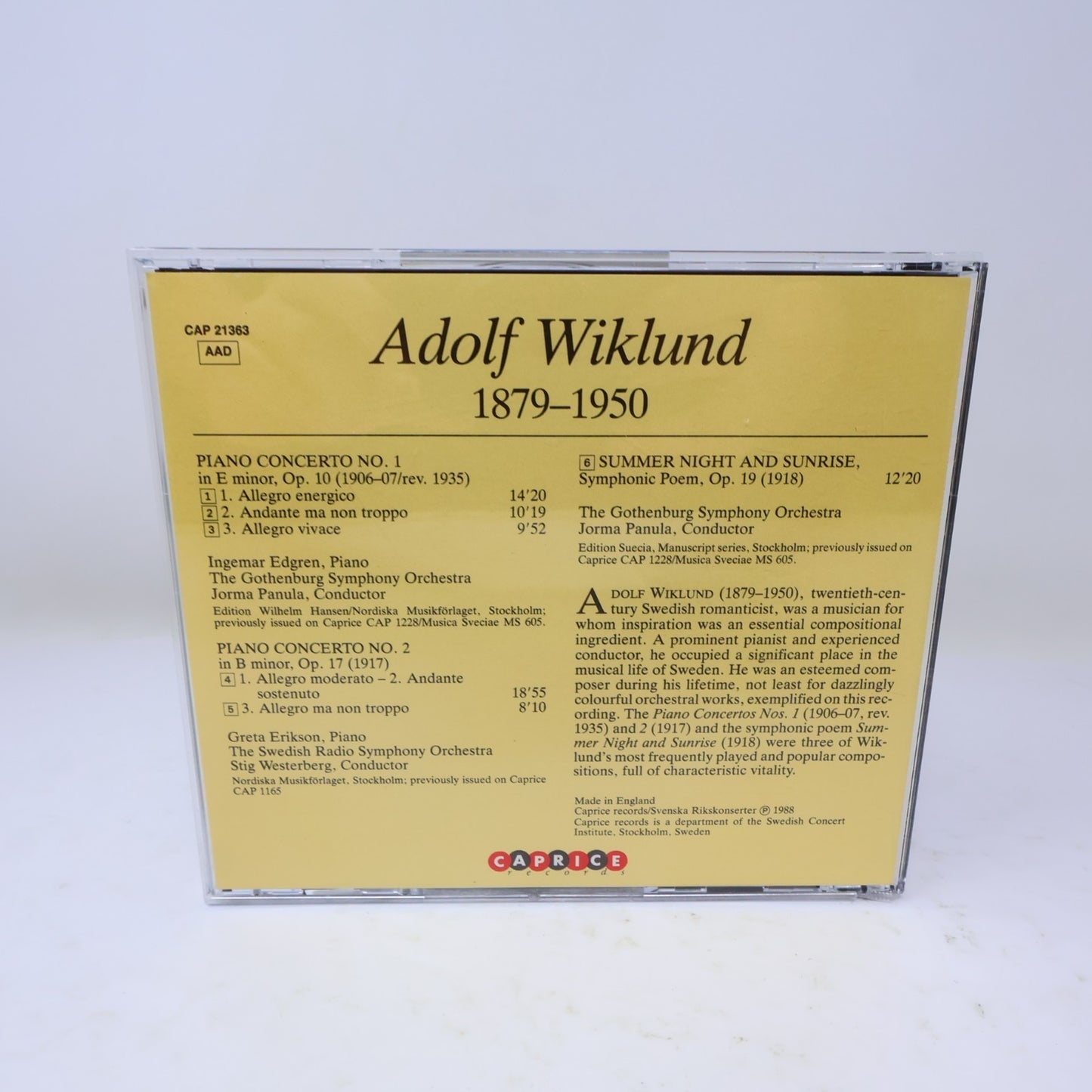 Adolf Wiklund CD Piano Concertos #1-2/Summer Night and Sunrise Panula/Westerberg