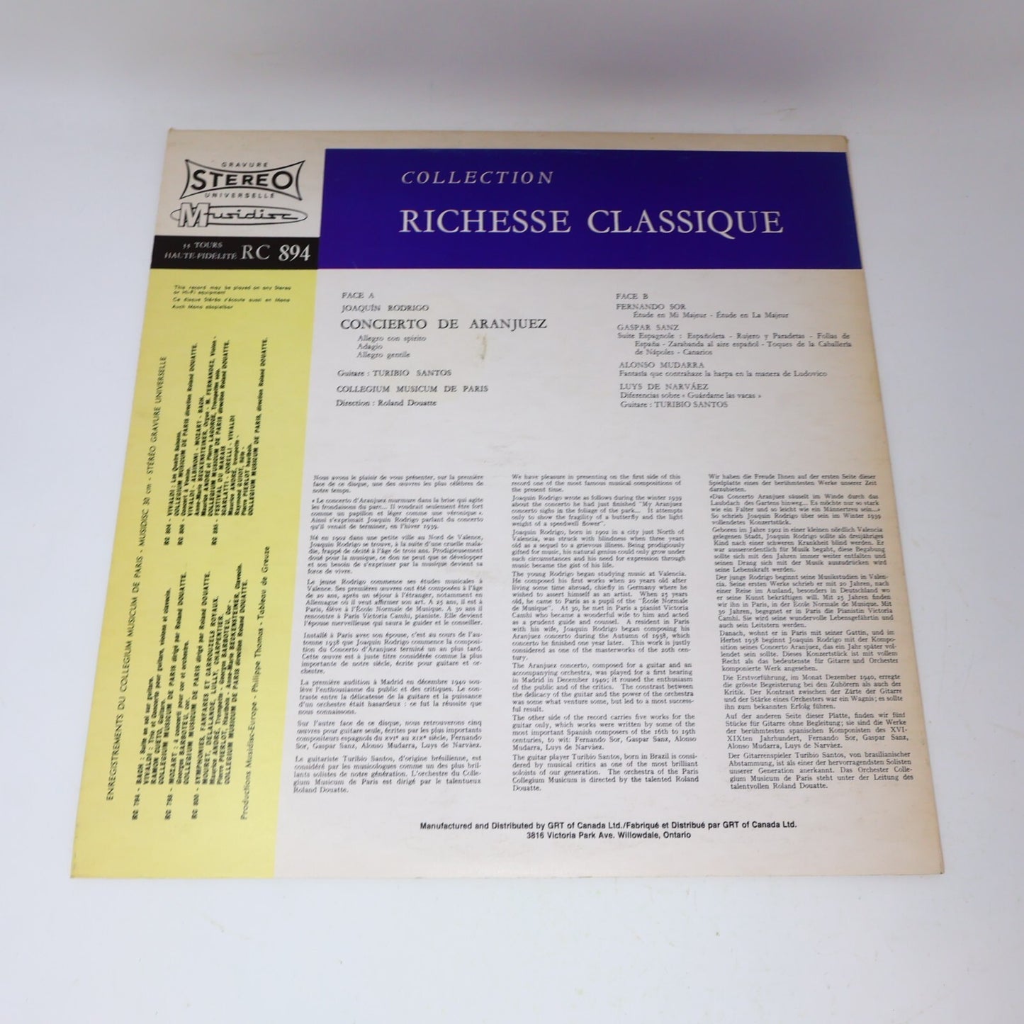 Concierto De Aranjuez Rodrigo Turibio Santos Douatte Disque Record Vinyl RC 894