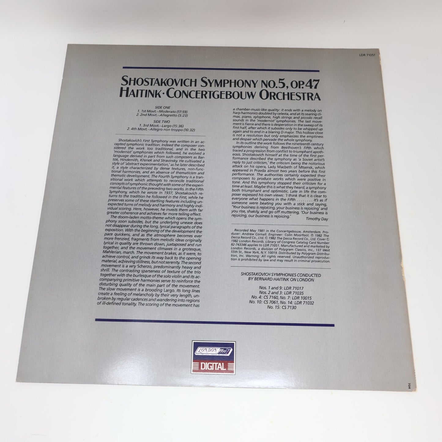 Shostakovich Haitink Symphony 5 Concertgebouw Orchestra Record Vinyl LDR 71051