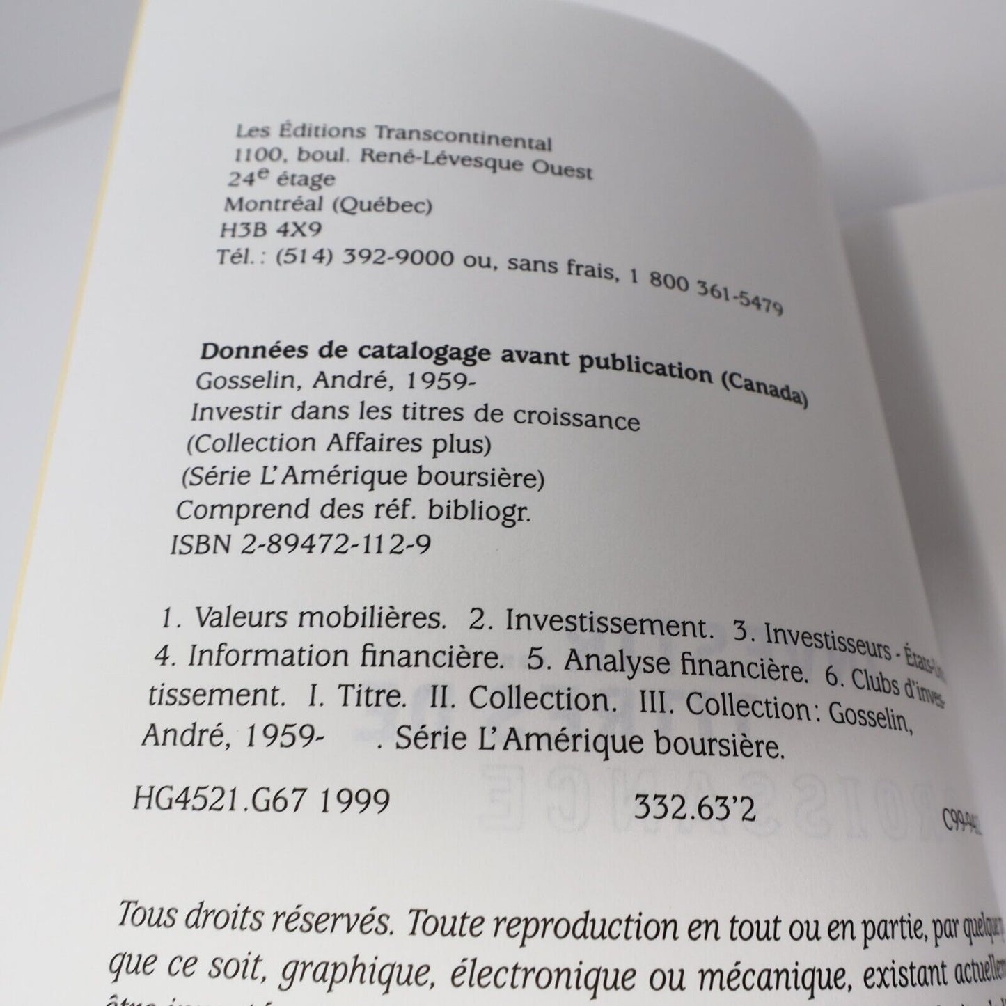 1999 L'Amérique Boursière #2 Investir dans les Titres de Croissance Bourse Livre