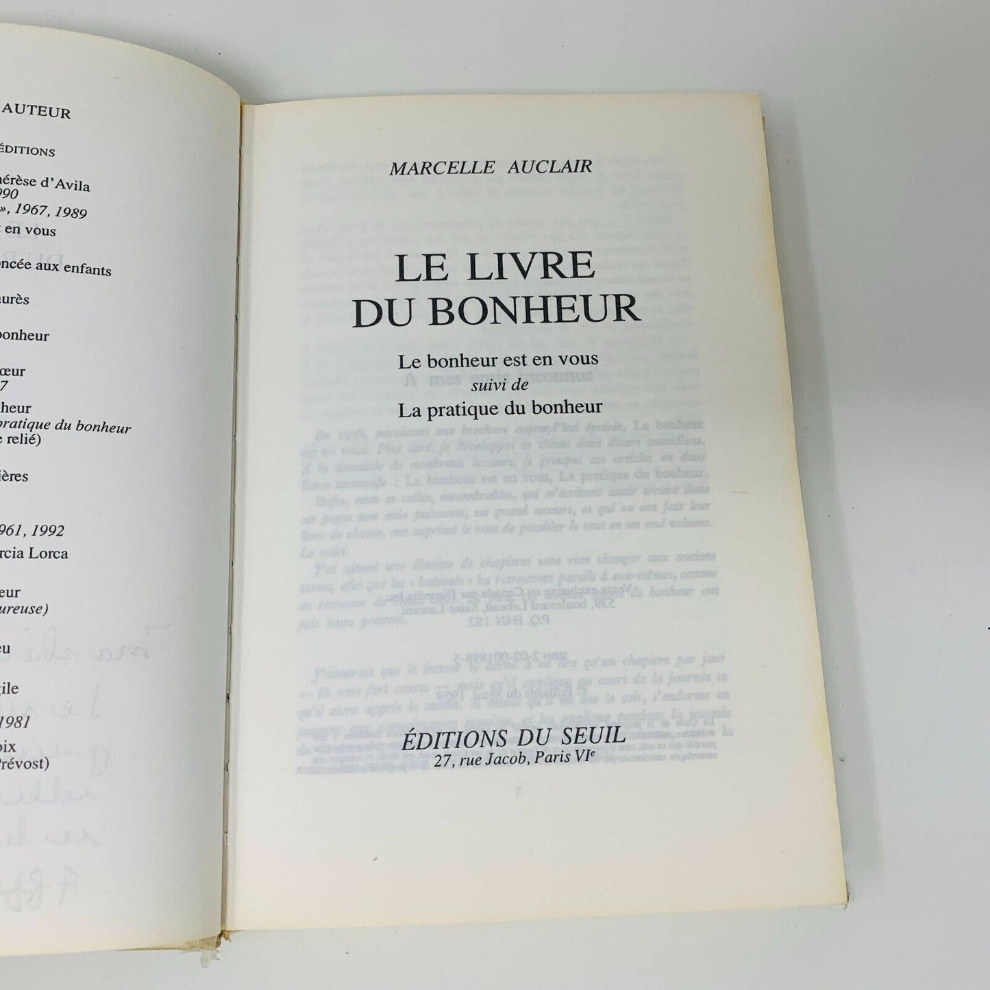 Le Livre du Bonheur Marcelle Auclair Éditions du Seuil Français Hardcover 80s