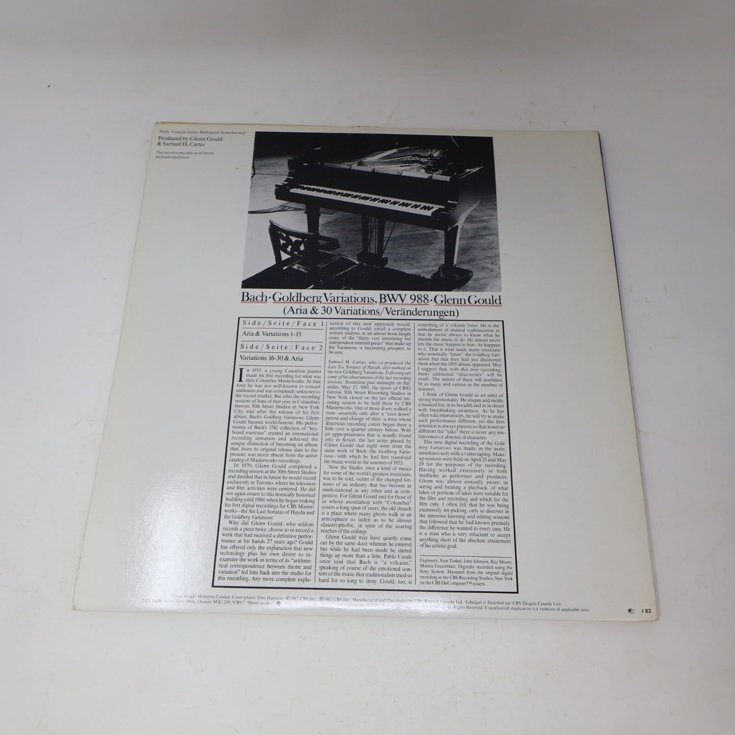 Bach The Goldberg Variations Glenn Gould LP Record 1982 IM 37779 CBS Masteworks
