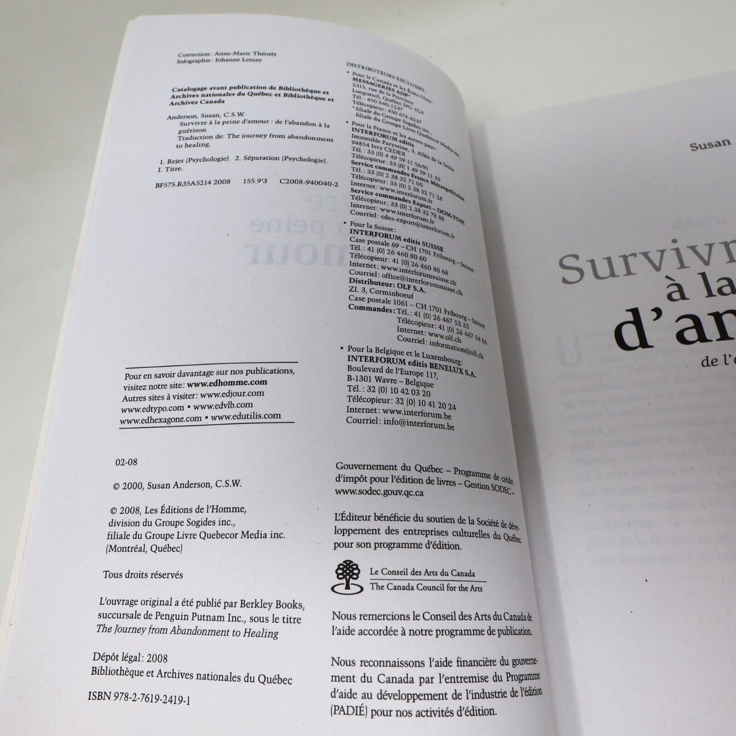 2009 Survivre à la Peine d'Amour Susan Anderson Psychologie Deuil Couple Livre