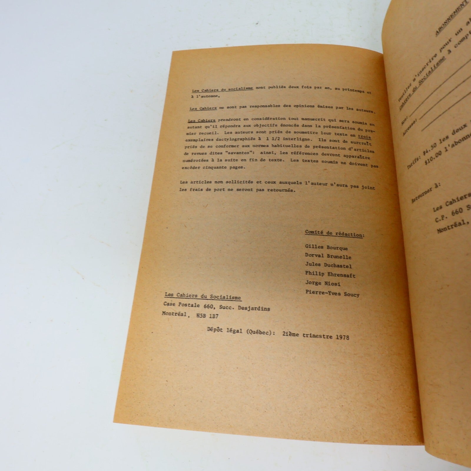 1978 Les Cahiers du Socialisme 1 Jorge Niosi/Dorval Brunelle/Ch. Halary Français
