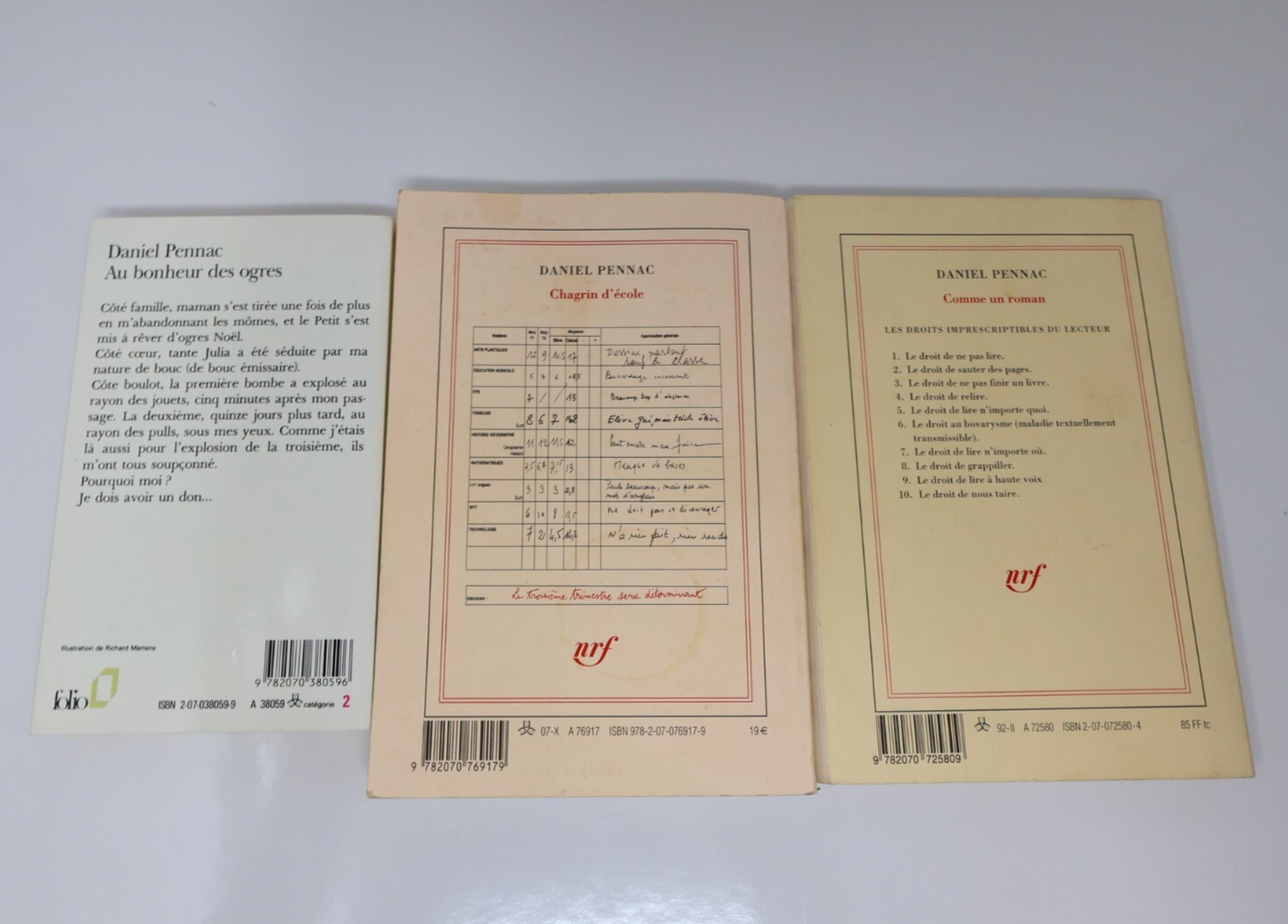 Daniel Pennac Lot 3 Livres Comme un Roman/Chagrin d'École/Au Bonheur des Ogres