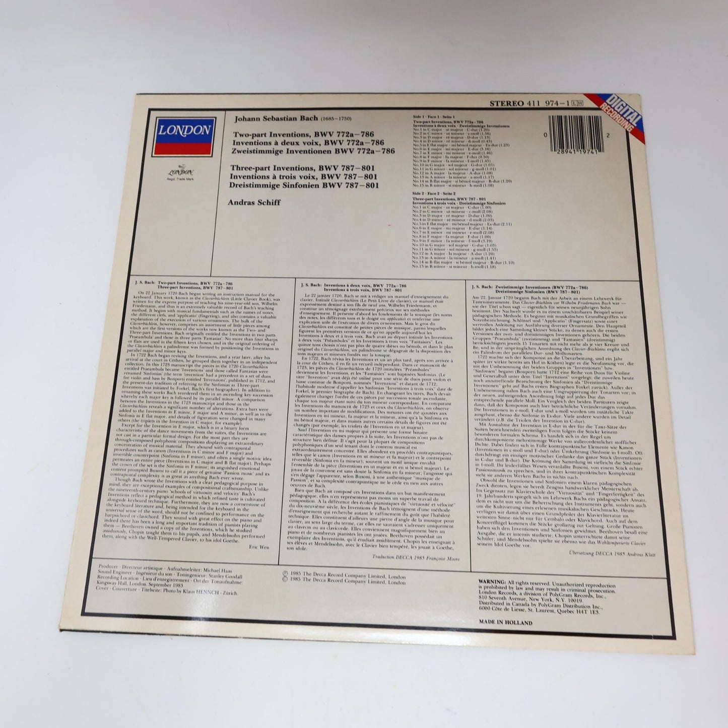 J.S. Bach András Schiff Two-Part/Three-Part Inventions Piano LP Record 411 974-1