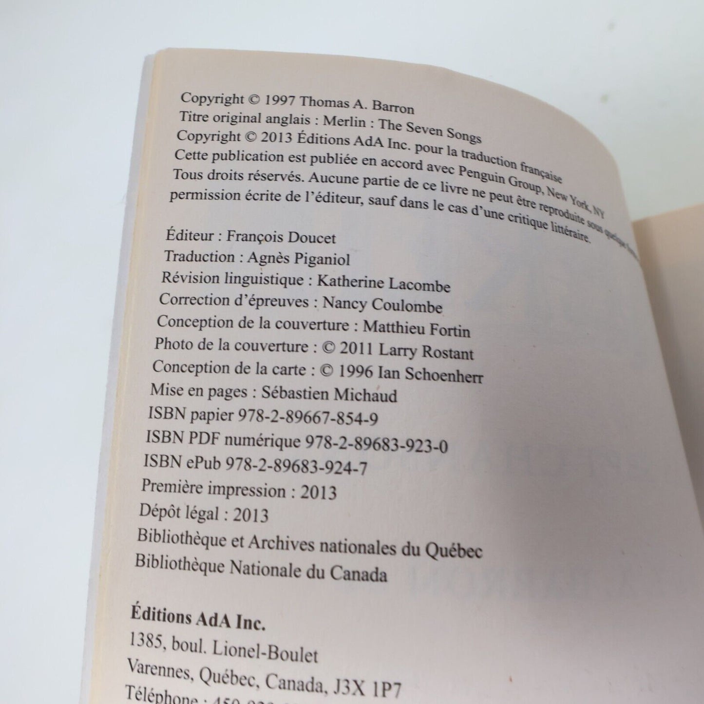 2013 Les Sept Chansons T. A. Barron Merlin #2 Ada Français Paperback Fantasy PB