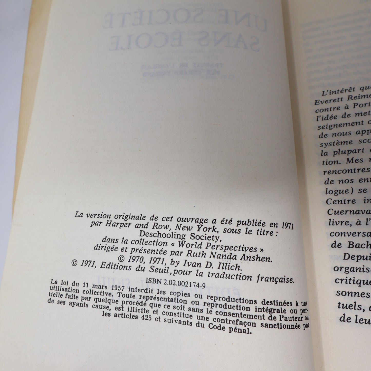 1971 Une Société Sans École Ivan Illich Seuil Éducation Philosophie Français 70s