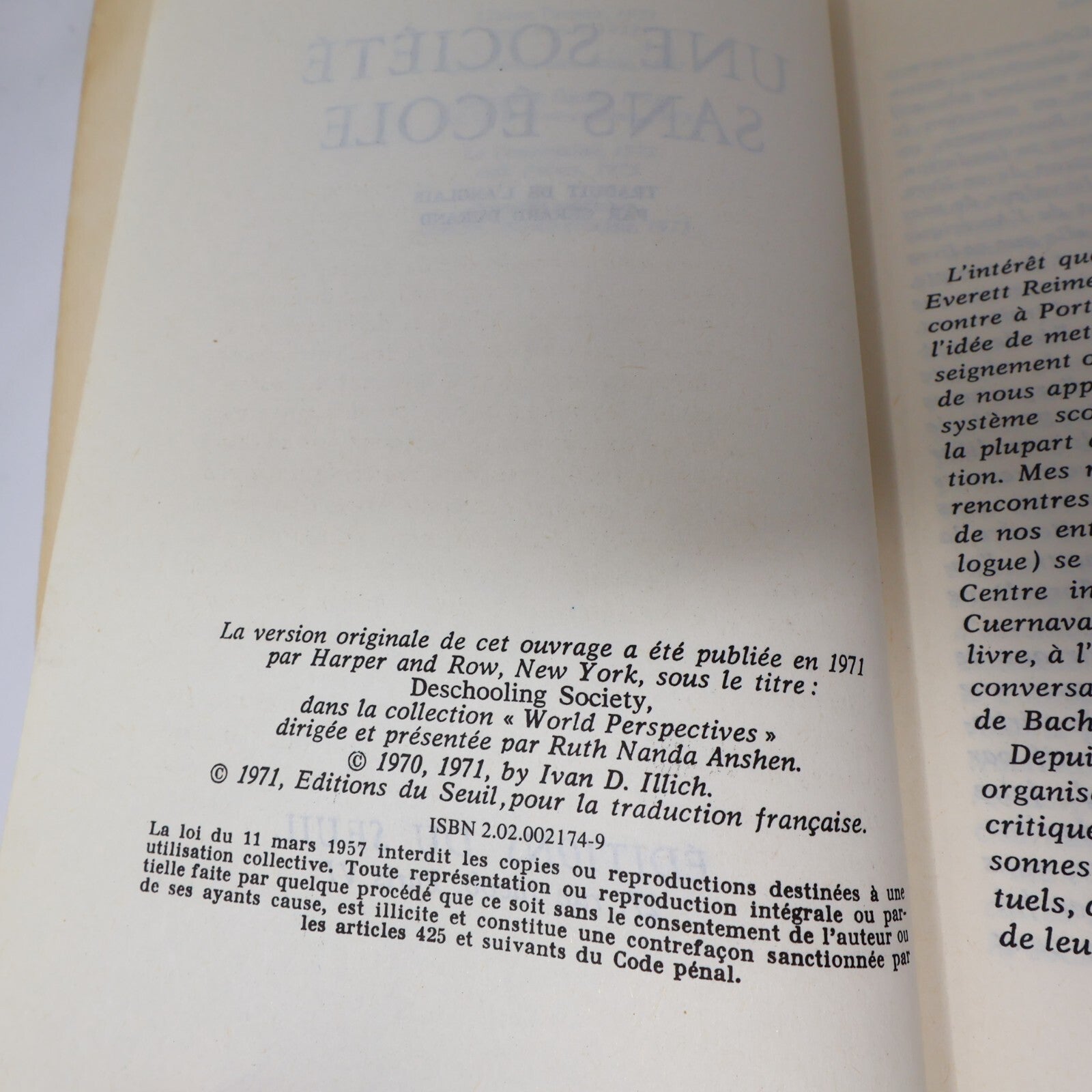 1971 Une Société Sans École Ivan Illich Seuil Éducation Philosophie Français 70s