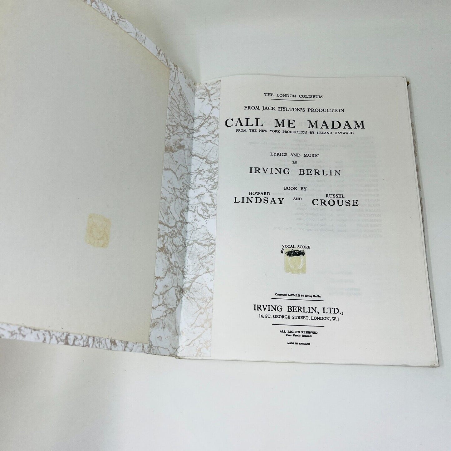 1952 Call Me Madam Irving Berlin Vocal Score Howard Lindsay/Russel Crouse Music