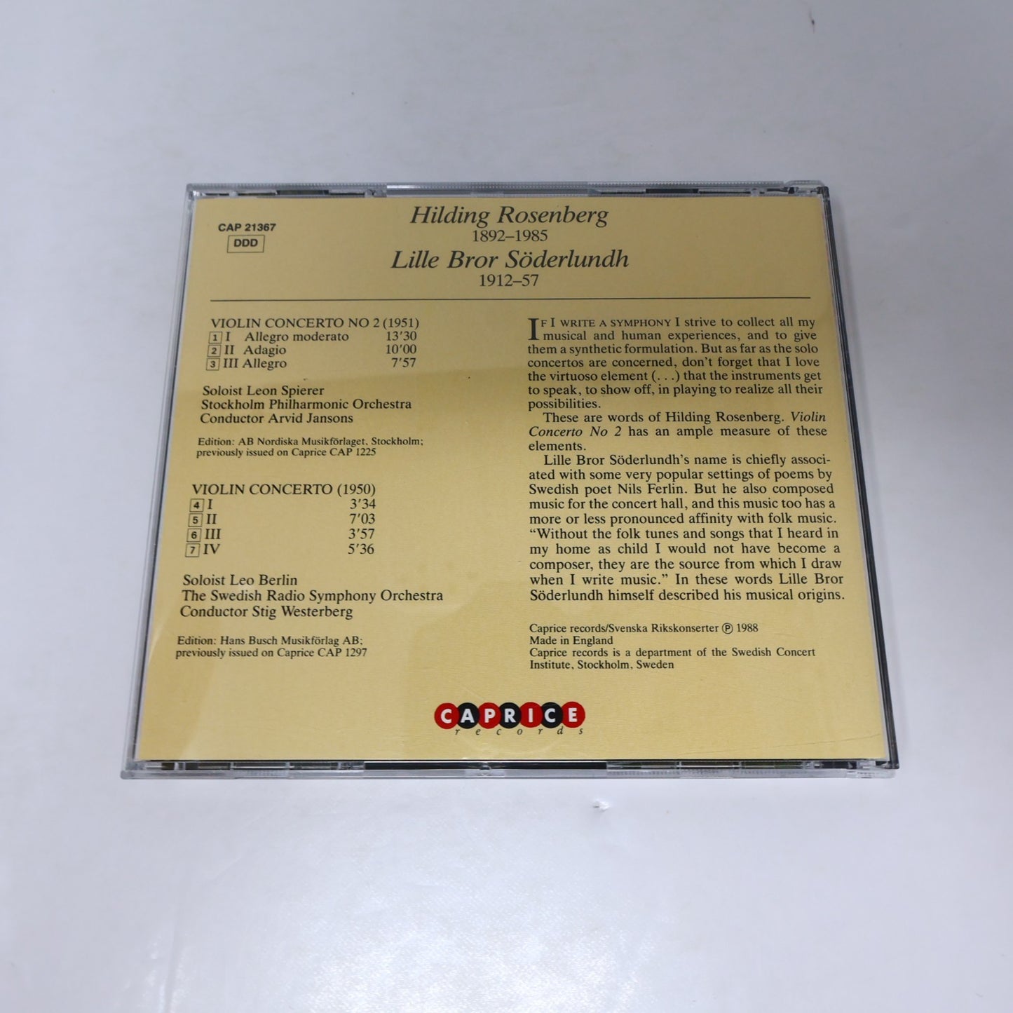 Hilding Rosenberg Violin Concerto #2/Lille Bror Söderlundh Violin Concerto CD