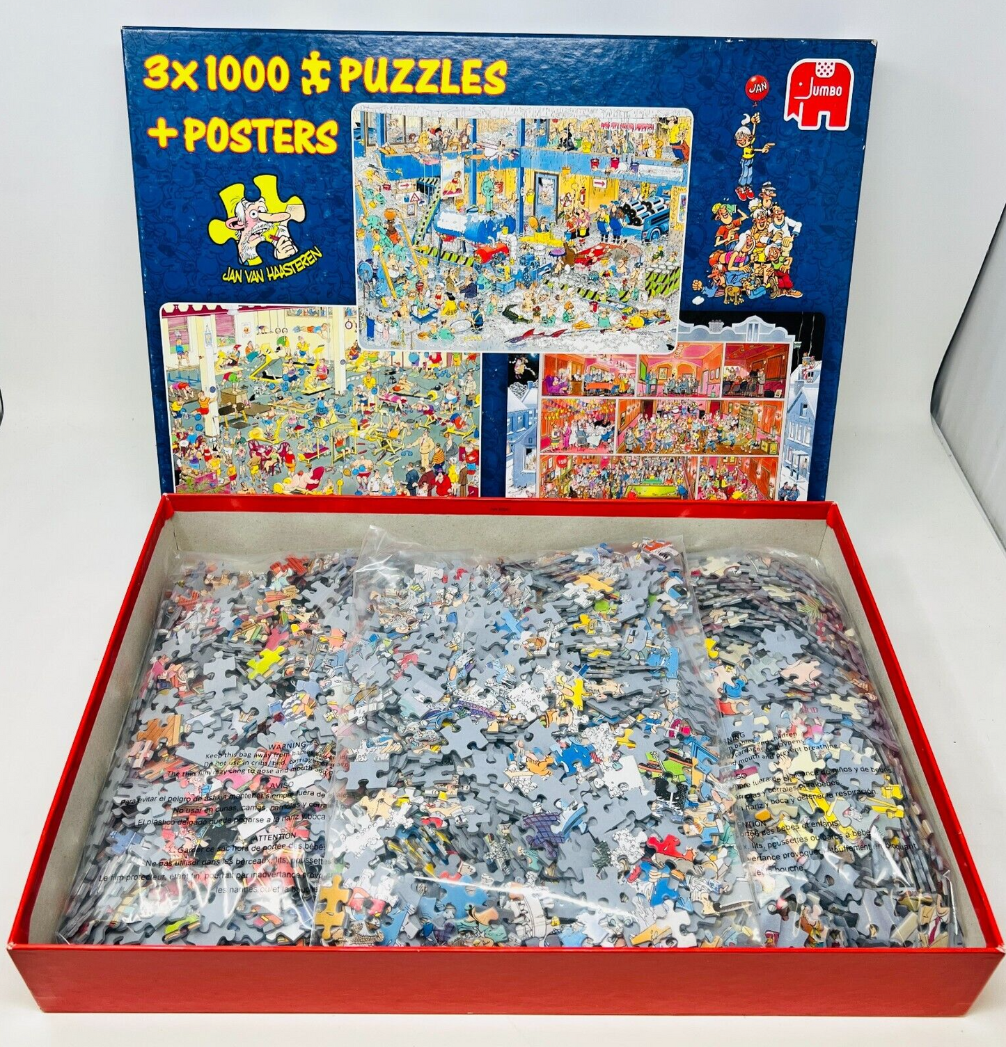3x 1000 Puzzles + Posters 81120 Complete The Big Leak/Gym/Café Jan Van Haasteren