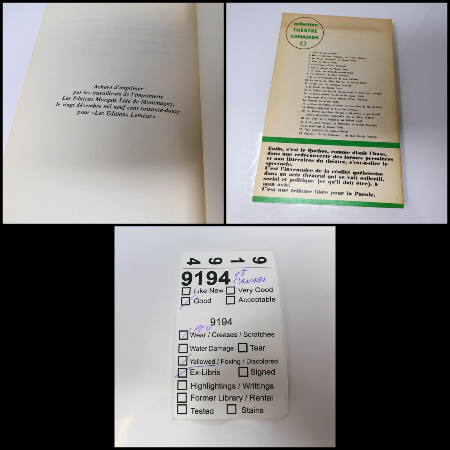 Théâtre Québec Lot 5 Livres Leméac Wouf Wouf/Florence/Chant du Sink Français 70s