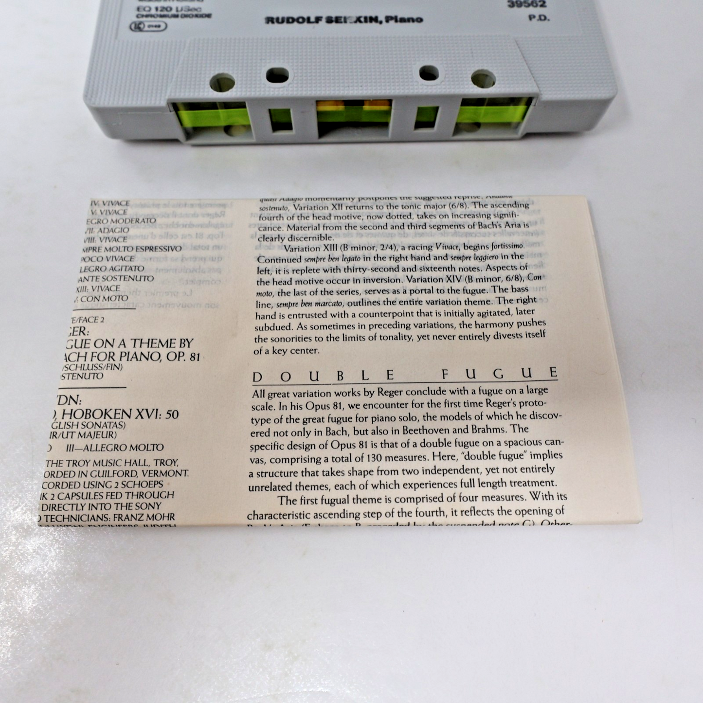 Reger/Haydn Rudolf Serkin Piano Cassette Bach Variation & Fugue/Sonata IMT 39562