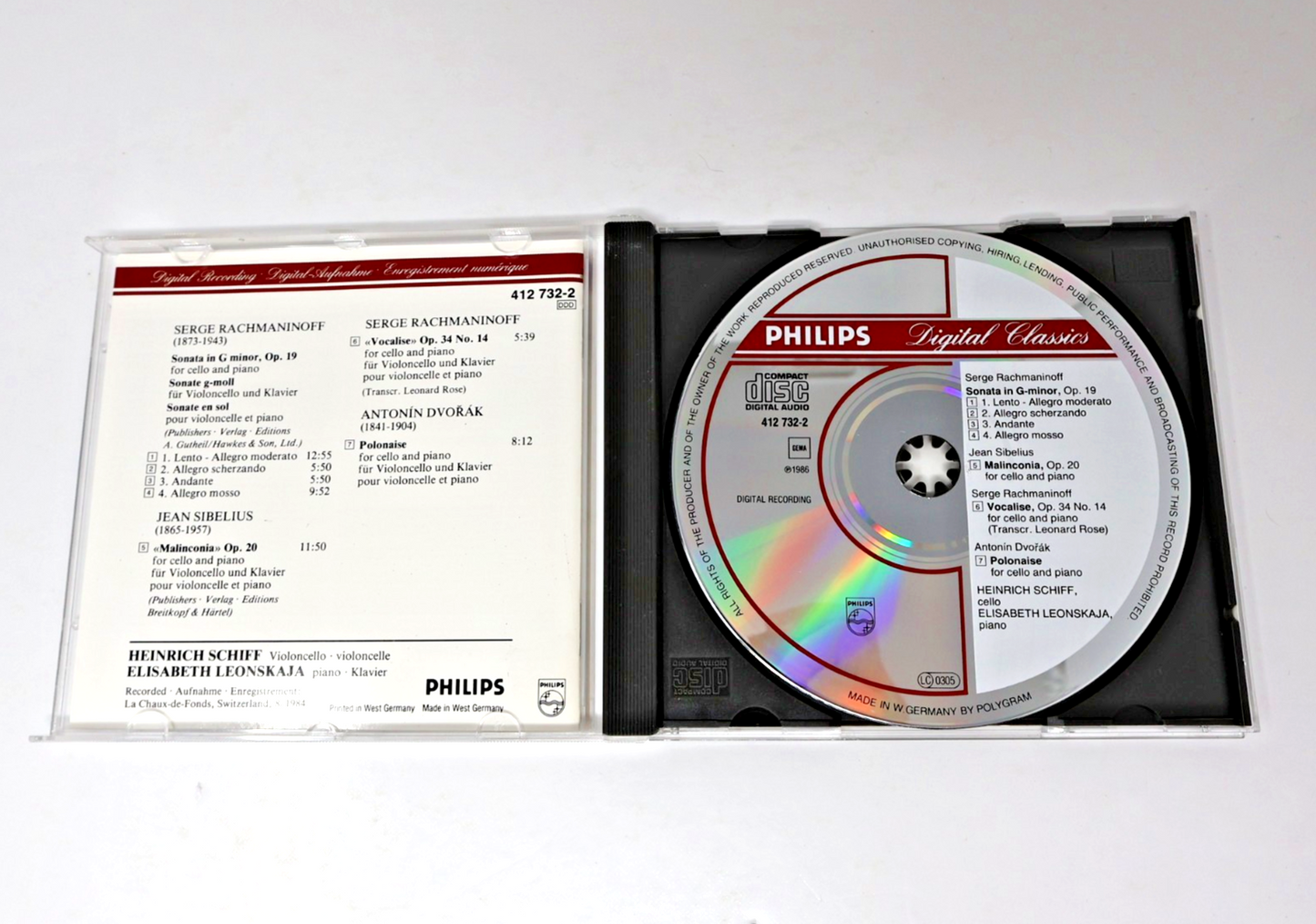 Rachmaninoff/Dvořák/Sibelius Cello Sonata/Vocalise CD Heinrich Schiff/Leonskaja