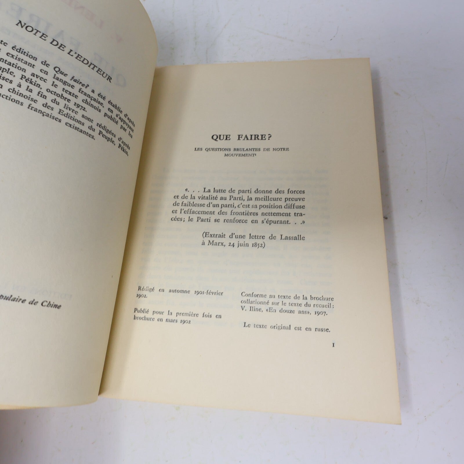 Que Fraire? Vladimir Lenin 1974 Éditions en Langues Étrangères Pékin Français PB