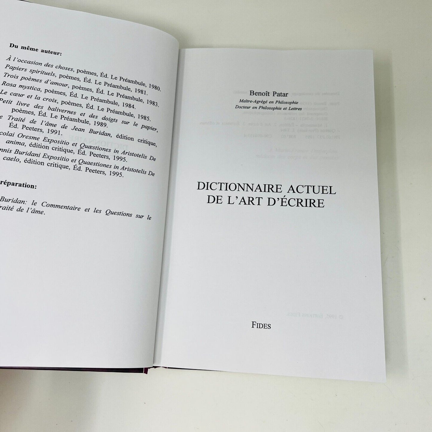 1995 Dictionnaire Actuel de l'Art d'Écrire Fides de Benoît Patar Écriture/Langue