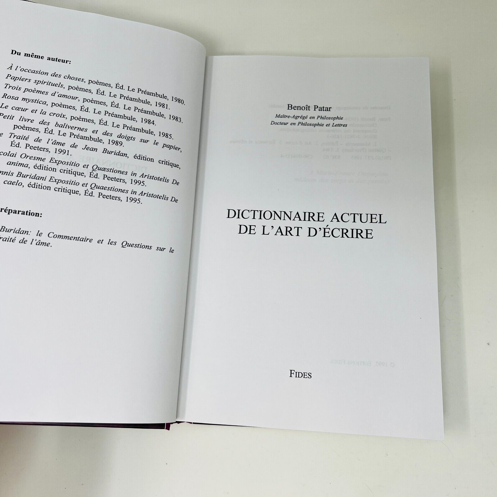 1995 Dictionnaire Actuel de l'Art d'Écrire Fides de Benoît Patar Écriture/Langue