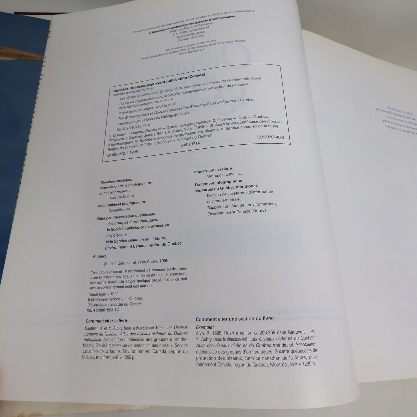 1996 Les Oiseaux Nicheurs du Québec Jean Gauthier Yves Aubry Atlas Nature Livre