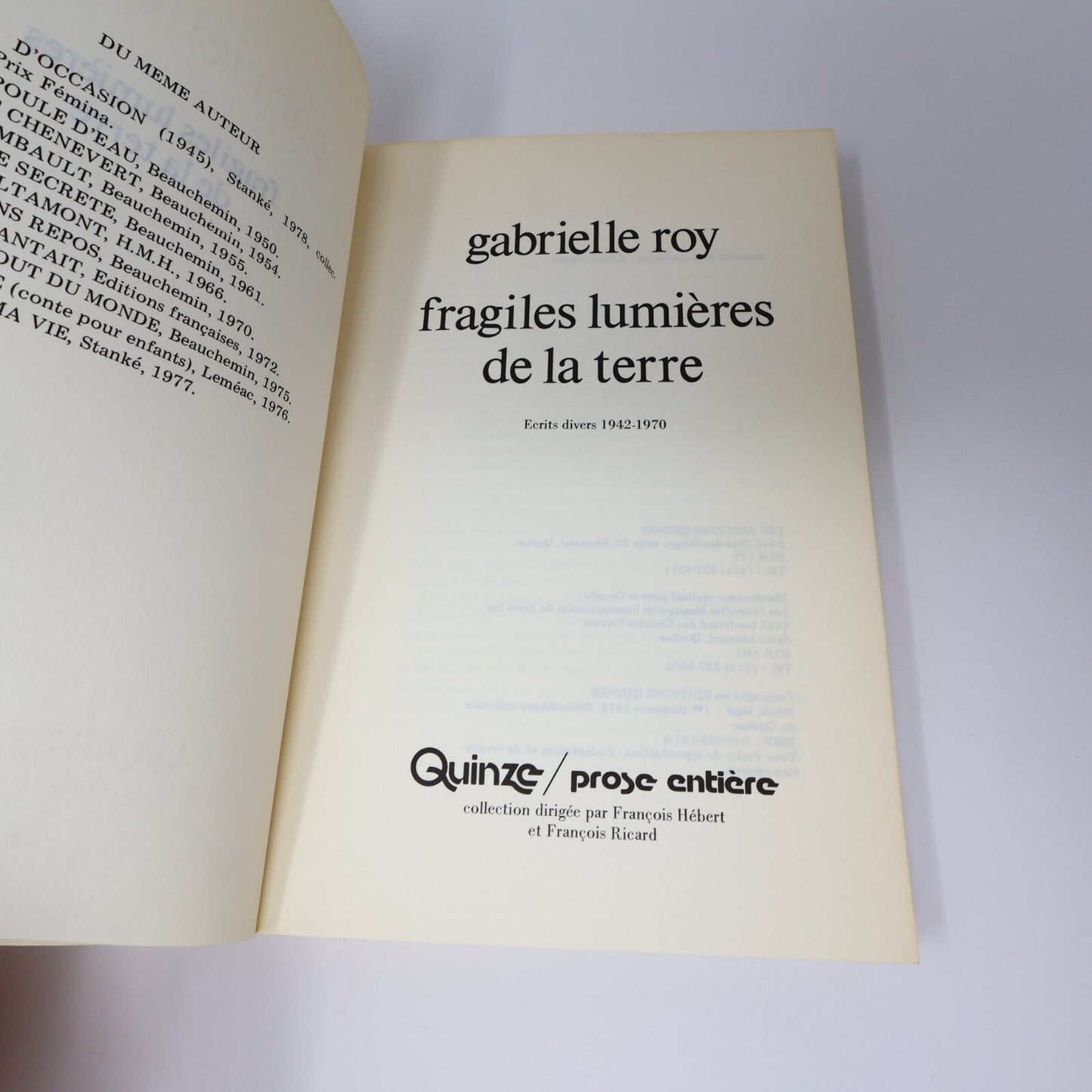 Gabrielle Roy Lot 8 Livres Rue Deschambault/Petite Poule d'Eau Roman Québec PB