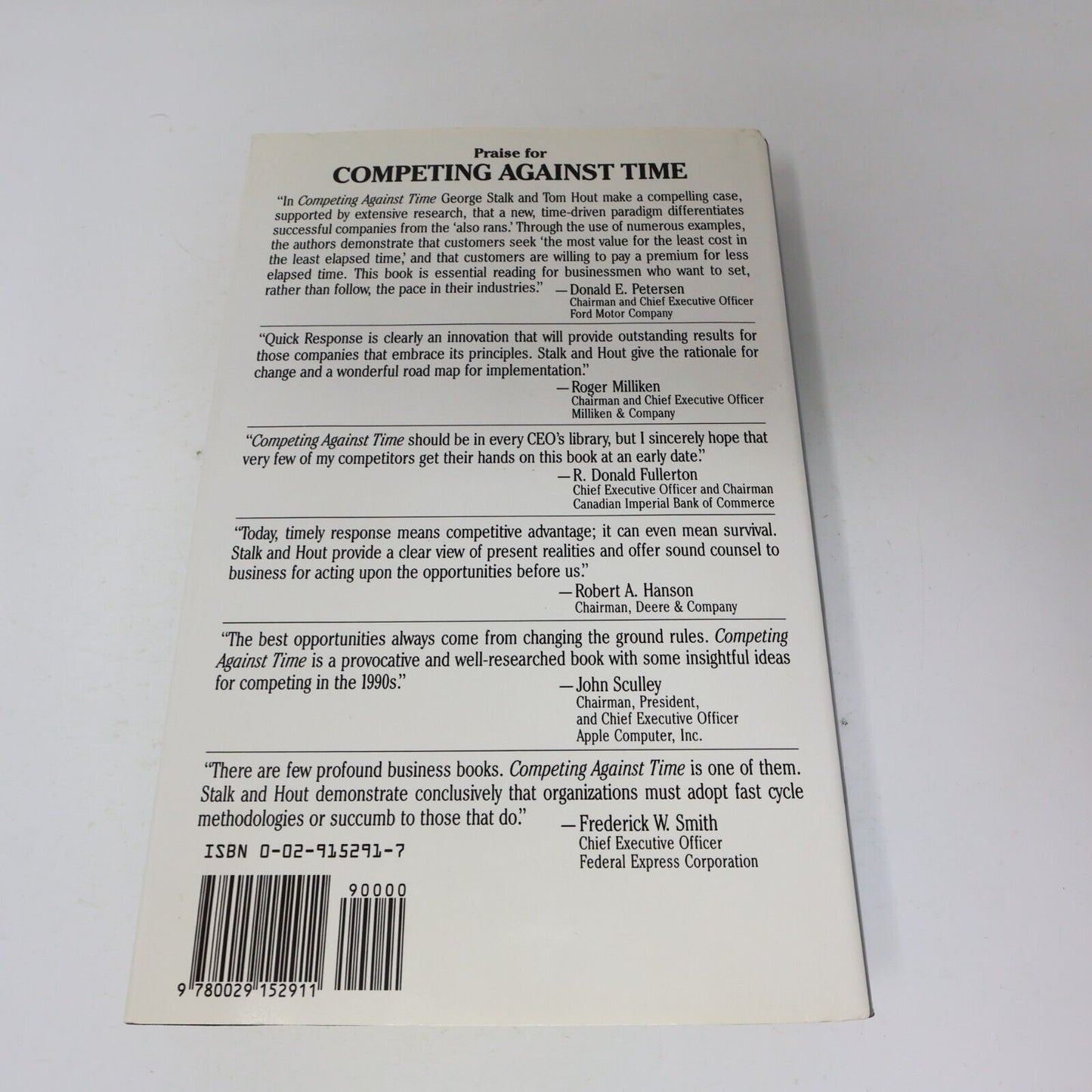 Competing Against Time George Stalk Thomas M. Hout 1990 Free Press Hardcover 90s