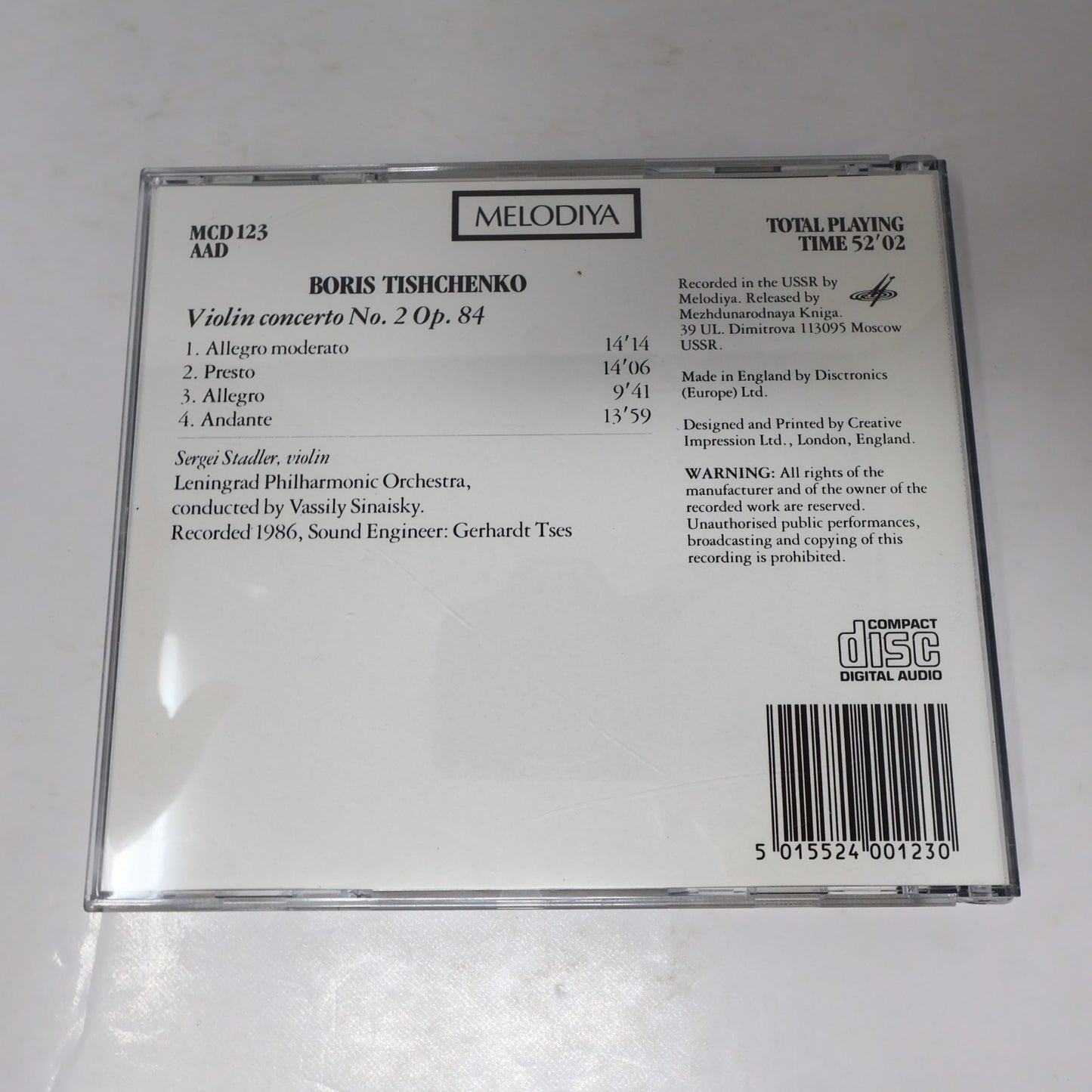 Boris Tishchenko Violin Concerto No. 2 Op. 84 CD Sergei Stadler/V.Sinaisky 1988