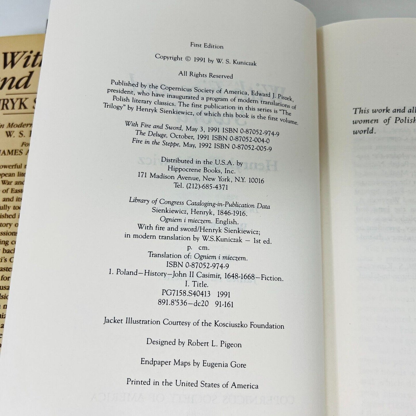1991 With Fire and Sword by Henryk Sienkiewicz Hardcover DJ Copernicus Society