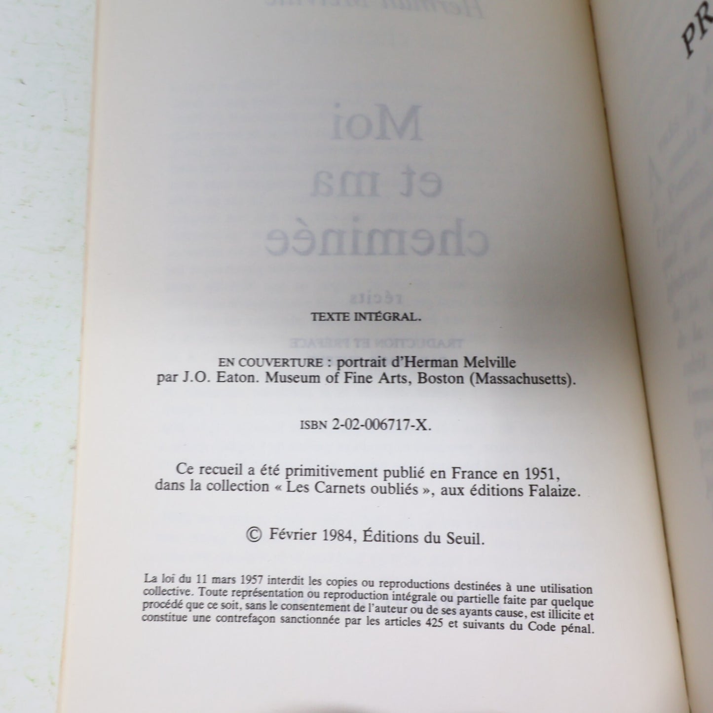 1984 Moi et ma Cheminée Herman Melville Seuil Littérature Française Nouvelles PB