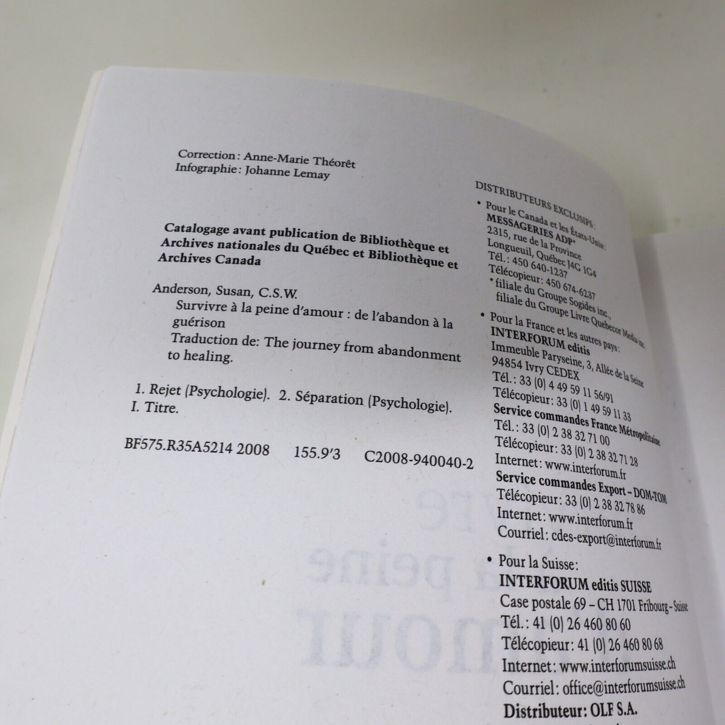2009 Survivre à la Peine d'Amour Susan Anderson Psychologie Deuil Couple Livre