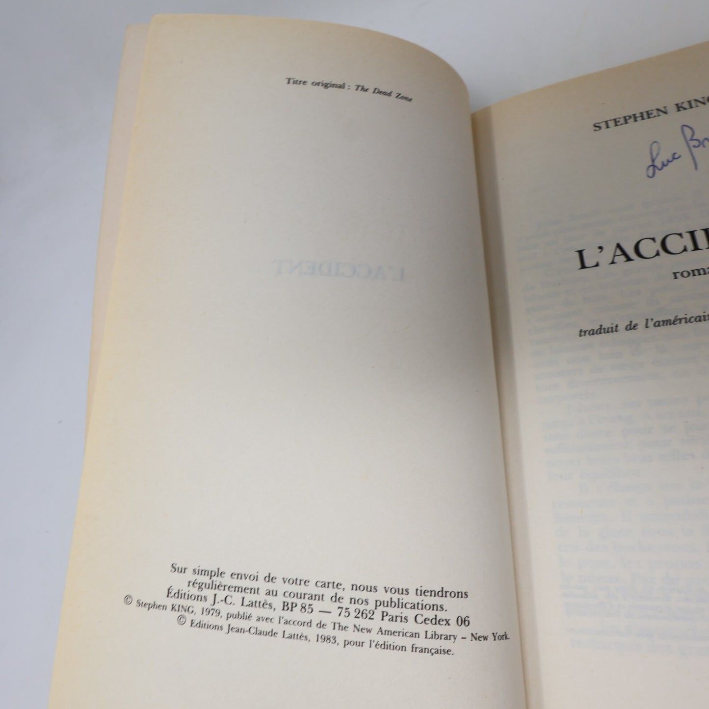 L'Accident The Dead Zone Stephen King Jc Lattes 1983 Horreur Thriller Français