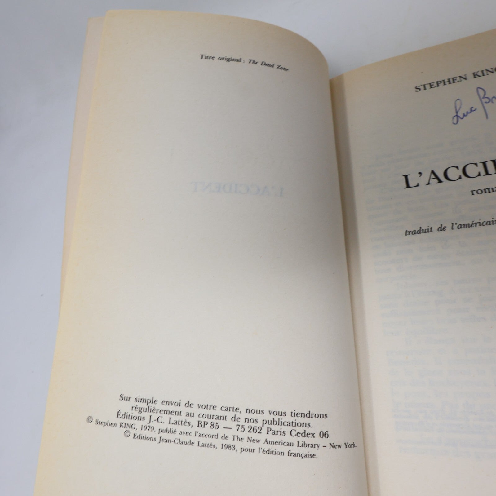 L'Accident The Dead Zone Stephen King Jc Lattes 1983 Horreur Thriller Français