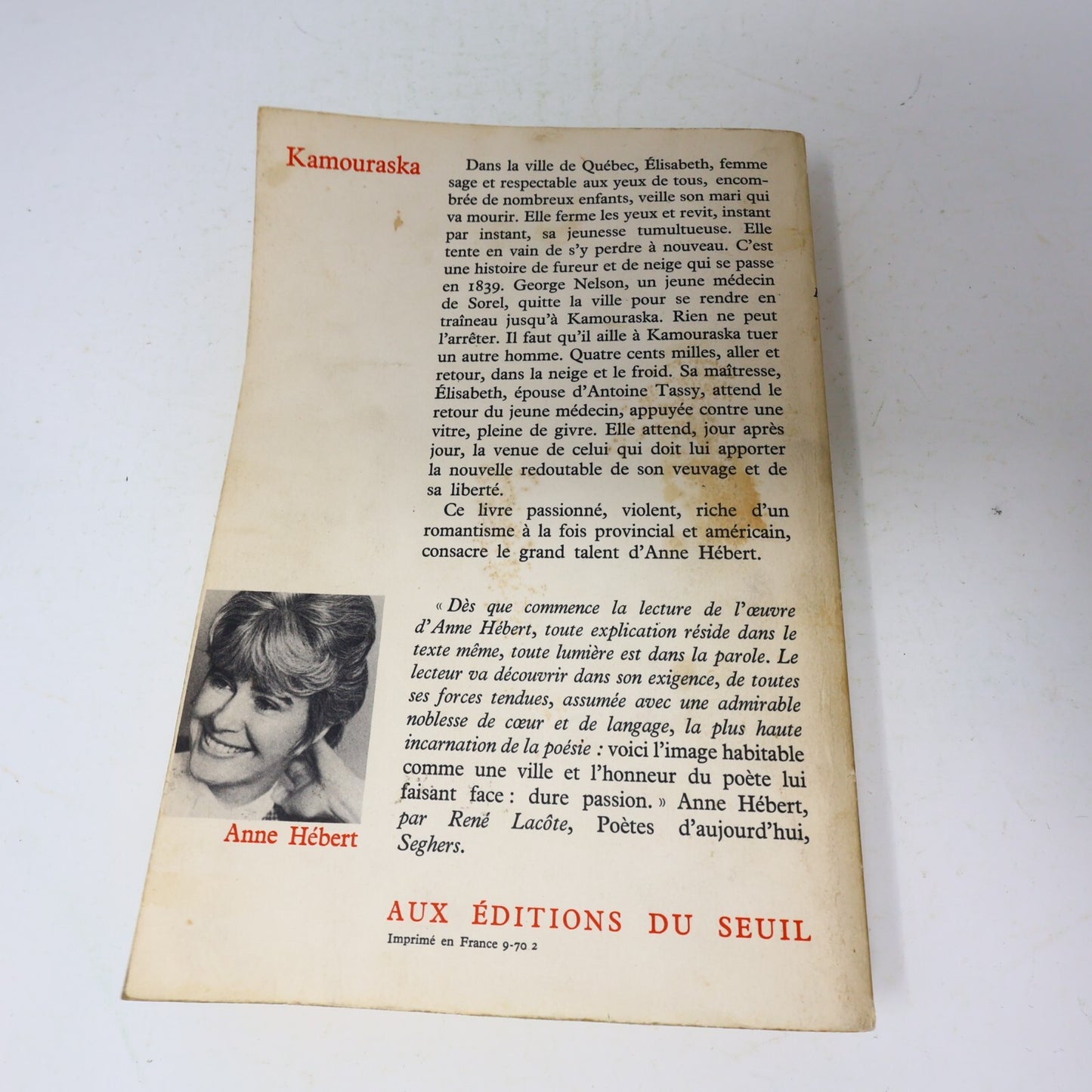 Anne Hébert Lot 2 Livres Kamouraska/Les Enfants du Sabbat Littérature Québécoise
